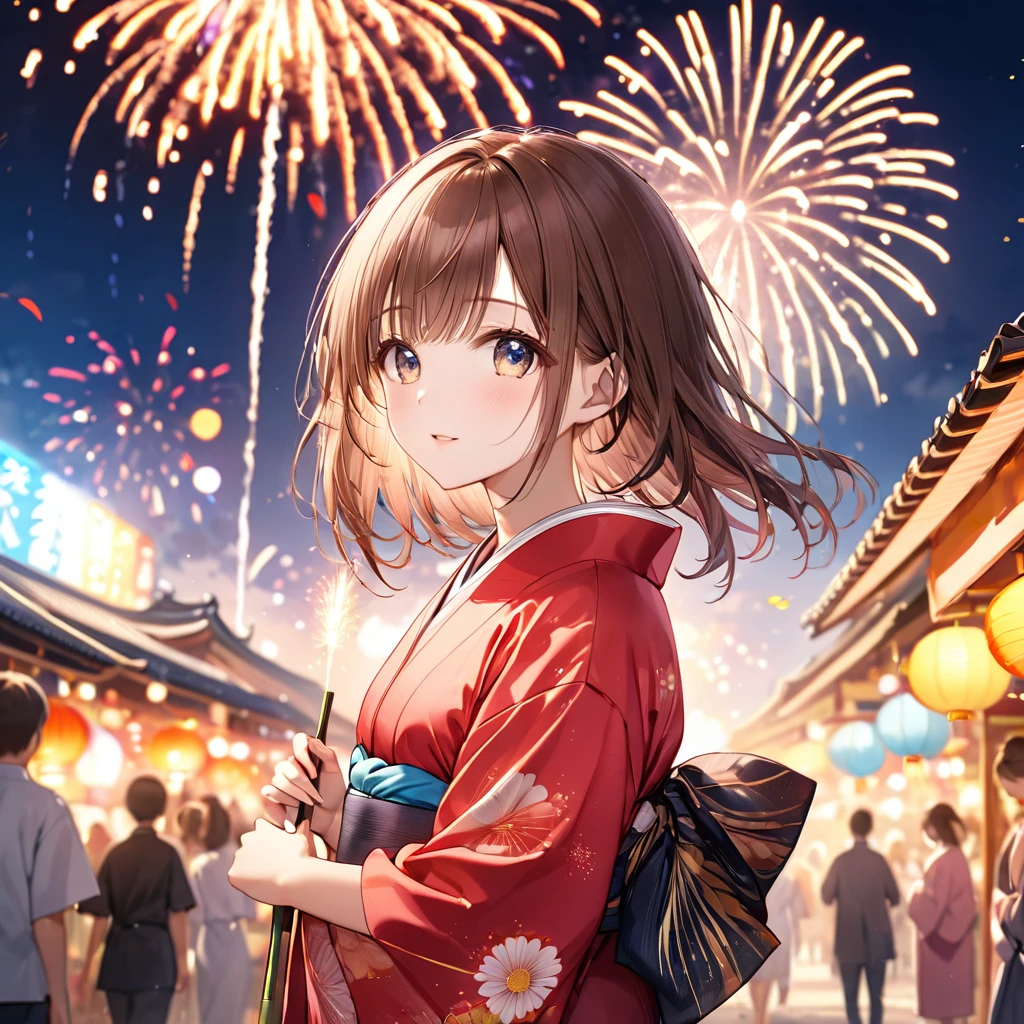 (Highest quality, 8k, 32K, masterpiece, Ultra-high resolution,:1.2),born, One girl,Super cute , Natural light,Clear, shining eyes, 20-year-old ,Fair skin, Yukata, Brown Hair, Summer festival, night, firework