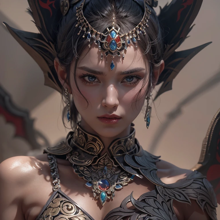 Woman in ancient battle attire、Serious expression、Short-haired、Deadly position, Gorgeous Necklace, Beautiful and seductive woman, Realistic and perfect body, Perfect body with realistic shadows, A woman with reptilian eyes and fangs:1.5、8k