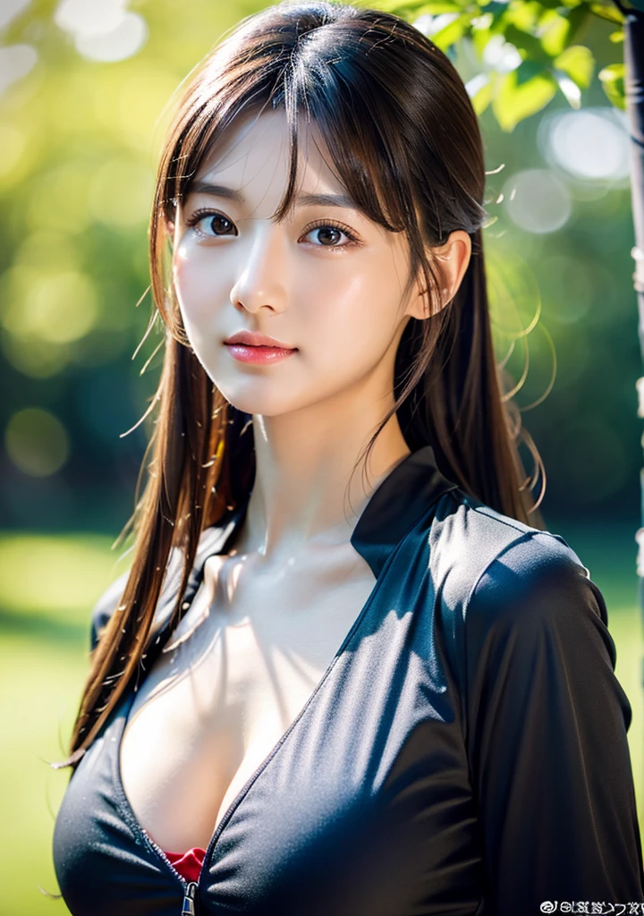 Rubber texture shiny red shirt、Rubber textured shiny green tight mini skirt、(Large Breasts:1.4)、Japanese、Gravure idol、Cute 18 year old girl,Black hair in a ponytail, masterpiece, 最high quality, 超high quality, high quality, High resolution, 超High resolution, Absurd, 4K, 8k, 16K, Very detailed, Realistic, photo Realistic, RAWphotograph, photograph, Super Fine Illustration,Beautiful Face、Realistic Face、(Ultra detailed hair)、(Ultra-detailed eyes)、Beautiful details、Realistic Skin、Perfect Anatomy、(Detailed skin)、Beautiful Skin、Charm、Ultra high definition、Ultra-realistic、Correct Anatomy, Perfect proportions