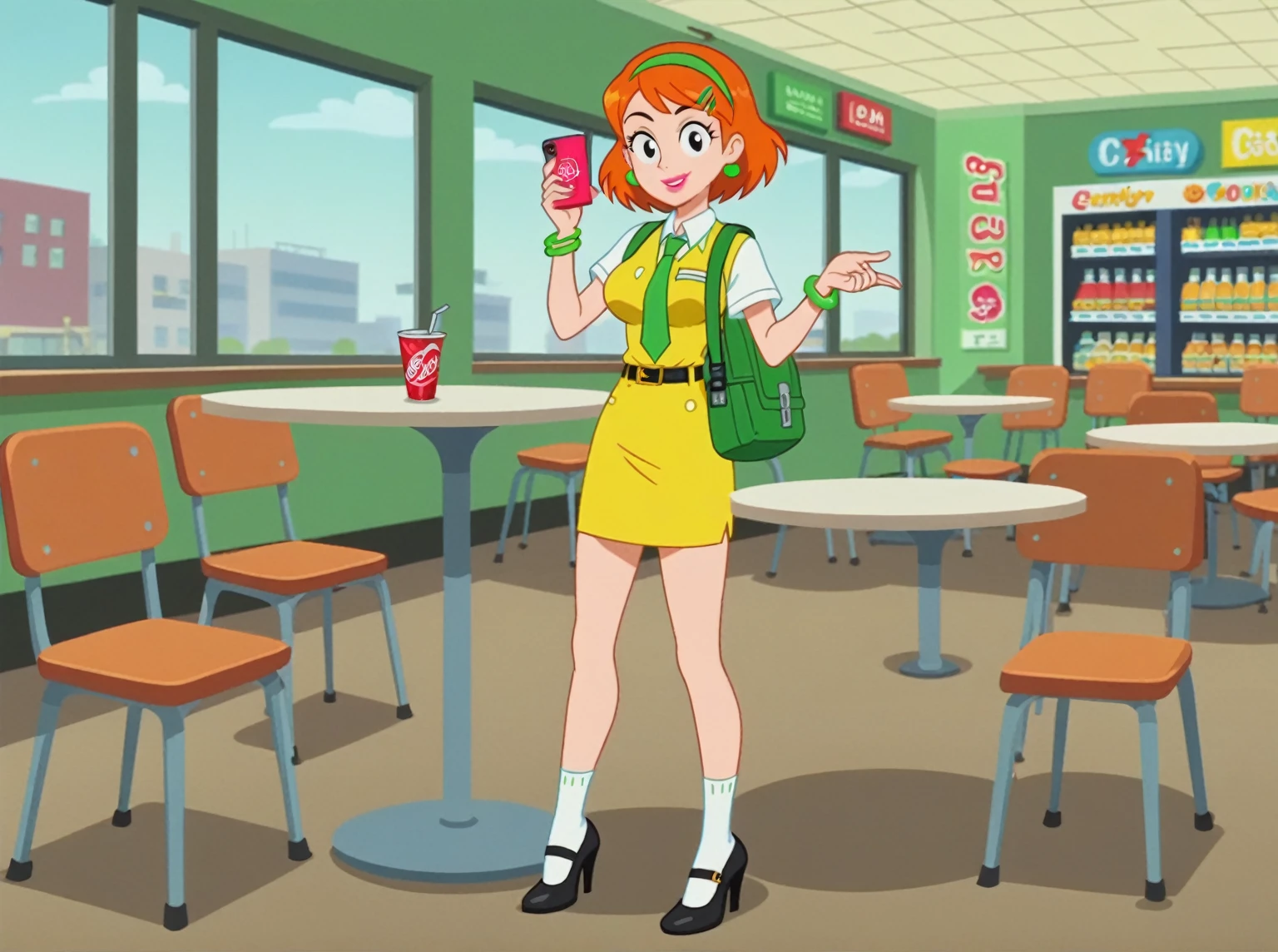 score_8_up, score_7_up, BREAK, screencap, 1girl, solo, Little Suzy, orange hair, age, short hair, green hairband, green hairclips, black eyes, black eyebrows, large breast, bra size c, full body, pink lipstick, short sleeves, yellow dress shirt, green necktie, green long pencil skirt, belt, white long socks, black high heel shoes, green bracelet, green earrings, indoors, standing up, aaron city, looking at viewer, high school, sunny, blue sky, smile, school cafeteria, vending machine, dispensers, round cafeteria table, cafeteria chairs, soda machine, green backpack, smartphone