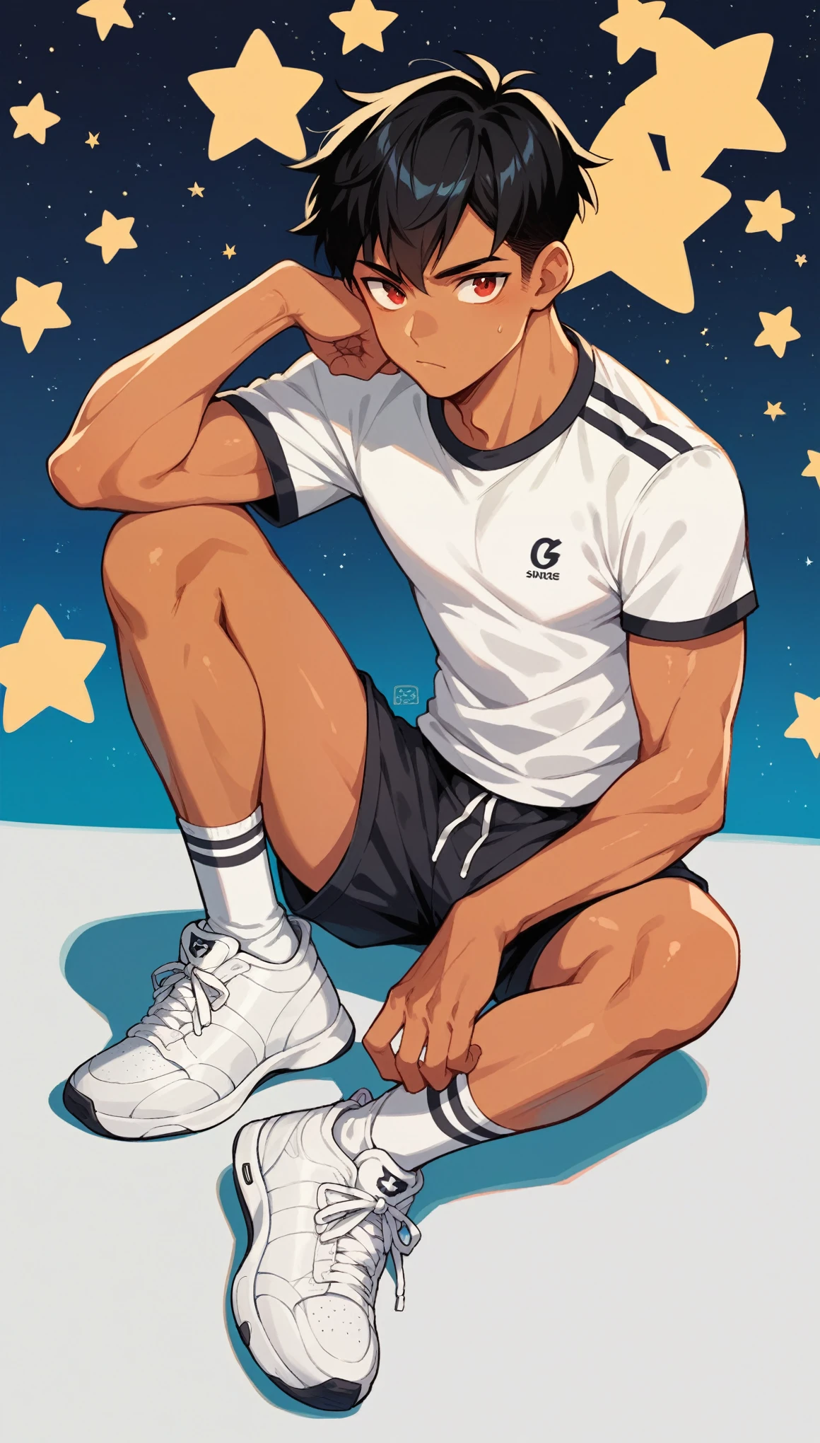 Handsome boy,Black Hair,Tanned skin,Sportswear,Slim body,sit,He has a pair of warm red eyes,Stars background,White socks,White sneakers,Vision