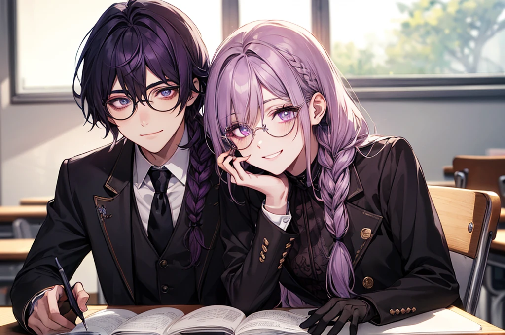 men's,single braid hair,violet colored hair,(Eye 1:2,Clear eyes,Elaborate Eyes,Delicate pupils,Good eyes,eye detailed),Face Focus,Adult,In black suit,best qualtiy,facial detailing,Classroom,sit on desk,sitting in the couch,lazy,Detailed background,diffuse sunlight,depth of fields,Studying Smiling at your desk, violet eyes,black gloves, round glasses, long sleeves,violet hair, smile,