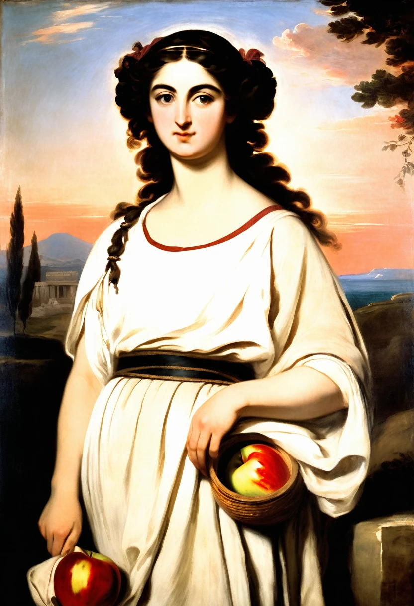 [[(front full portrait: (young Greek woman of the period of antiquity with apple)in a white Greek tunic), on Parnas, ((Joshua Reynolds style)), [dress ((Joshua Reynolds style))]):20]/[background: ancient Greece ampir
 , old canva, (scarlet sunset), ((style antique greece))]/[very colorful,((oil painting palette knife))((masterpiece))]]