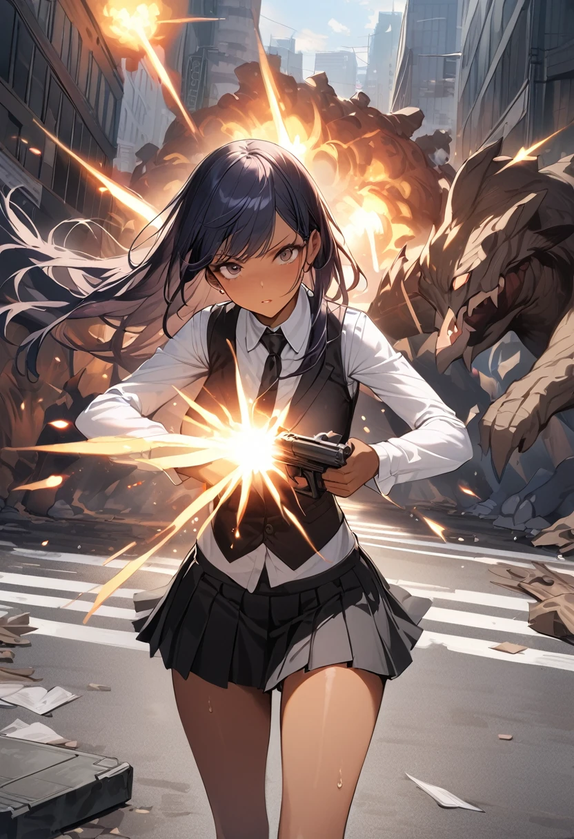 (Woman and monster fight scene),((masterpiece,Highest quality:1.3,best quality illustration)),realistic,cowboy shot,1woman,(22 year old beauty),((very small head:1.4)),ideal ratio body proportions,(dark blue hair),straight long hair,bangs,black eyes,gorgeous big eyes,((tan skin,skinny)),(Black vest、Black tie、White collared shirt、Long sleeve、Black pleated mini skirt)),medium breasts,gleaming skin,slender body,sweat,(Detailed handgun,Firing stance),on street,(Multiple Monsters)、Collapsed Buildings、Tokyo、