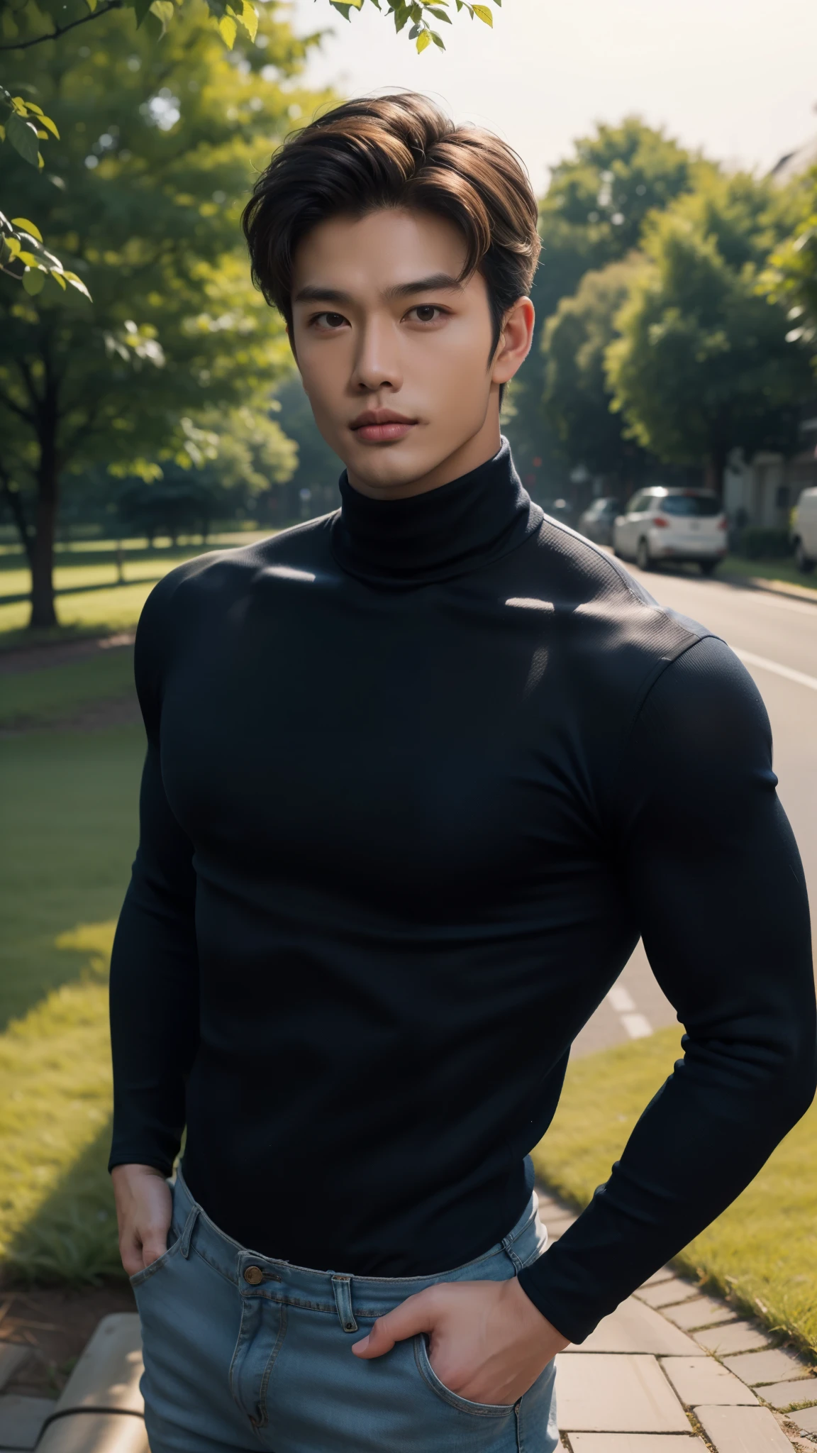 (realistic, คุณภาพhigh: 1.3) Handsome, muscular Asian man. , high, (Navy turtleneck:1.2), Skinny jeans, photography, Dutch corner, outdoor, Hair style up, hair dyed blonde