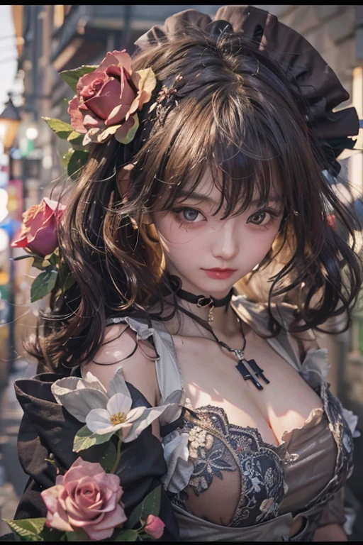 ((Upper Body))、((One Girl))、(20th Generation)、((Very short hair))、((Straight bangs))、((Black-haired))、(Take in the view)、Gothic Lolita、((Black maid outfit))、(Eye patch for left eye)、(Realistic:1.2)、In 8K、(High Quality Shadows)、Beautiful and delicate face、Beautiful and delicate eyes、Cute K-pop Idol、(The Face of Ulzan in Korea)、(Urzan-6500-v1.1:0.6)、Glowing Eyes、Perfect body、Natural color reproduction、((Strong light))、Bright red lipstick、(choker)、((Brown eyes))、Shiny Hair、Description of beautiful and delicate hair、(Glowing Skin)、(night)、Japanese、(dark alley between buildings)、Street lamp、Shoulder Bare、Small red rose tattoo on the décolletage、Just one tattoo