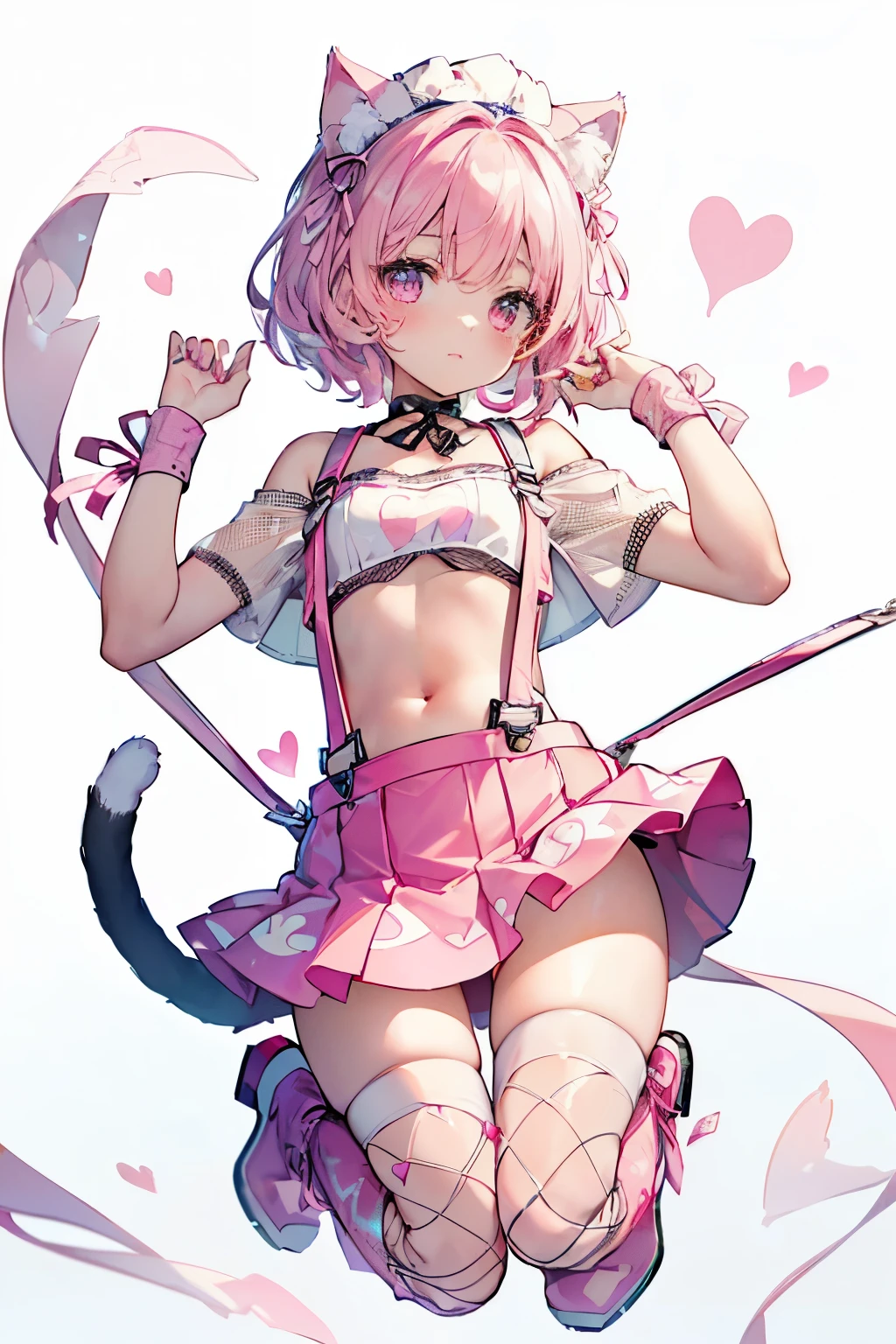 One girl, Blushing, Full body shot,
BREAK (pink and white theme:1.4), (headdress with pink fake cat ears:1.4), (wear a pink suspenders over an off-shoulder short-sleeve white crop top:1.4), (pink heart(symbol) print on crop top:1.3), ((stomach, navel):1.2), (low-rise pink latex (A-line:1.2) tiered skirt with suspenders:1.3), (pink tiered mini skirt with pink suspenders:1.3), (pink wristband:1.3), (has a beautiful mesh fishnet tights:1.3), (countless small pink ribbon decorations:1.3), (white latex platform boots:1.2),
White background,
