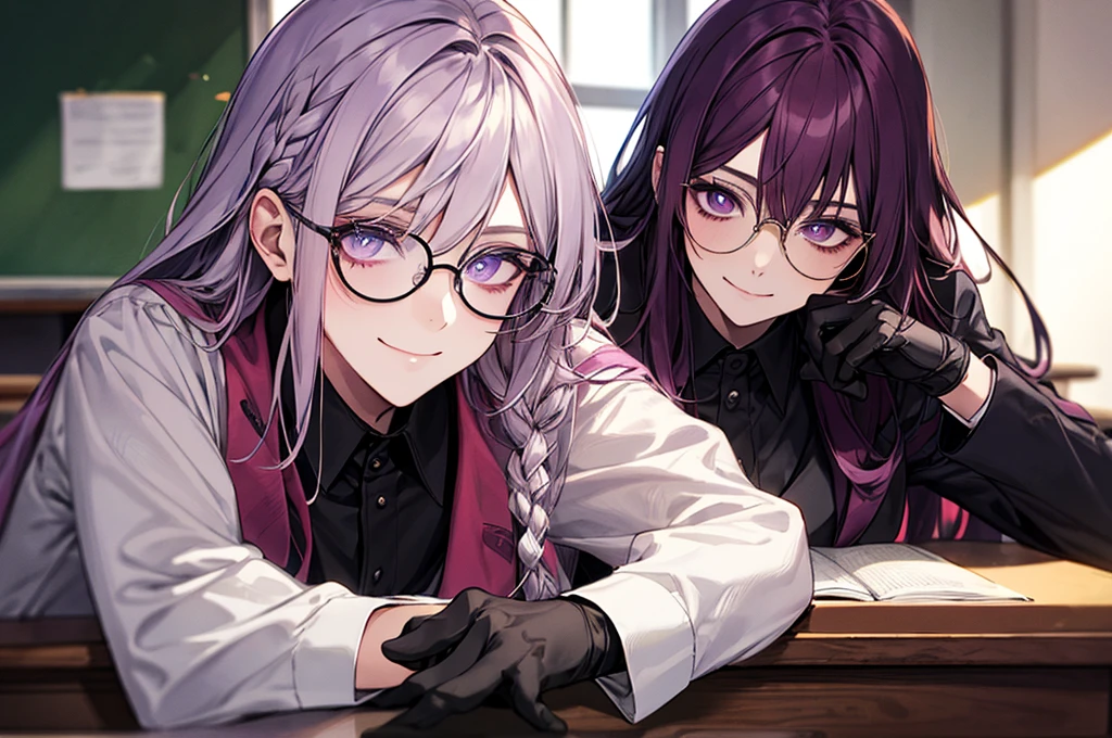men's,single braid hair,violet colored hair,(Eye 1:2,Clear eyes,Elaborate Eyes,Delicate pupils,Good eyes,eye detailed),Face Focus,Adult,In black suit,best qualtiy,facial detailing,Classroom,sit on desk,sitting in the couch,lazy,Detailed background,diffuse sunlight,depth of fields,Studying Smiling at your desk, violet eyes,black gloves, round glasses, long sleeves,violet hair, smile,