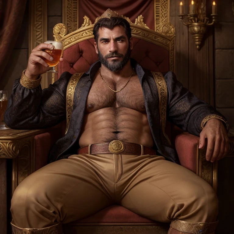 Masterpiece, high resolution, HDR, detailed composition, unique, hot handsome charming daddy in a pub invites you for a drink, 1500s, elegant clothing, medieval fashion, wearing elaborate jewelry, fine jewelry, golden, gold, diamond, shiny, royalty, wearing the king's crown, he is the heir to the throne, divine, opulence, grandeur, wealthy, rich taste, affluence, wisdom, sophisticated man, dashing man, scruff and hairy, mature, masculine, macho, hairy chest, beautiful eyes, symmetrical eyes, staring directly at camera, 1500s, offering a drink at you, charming smile, full body, full figure