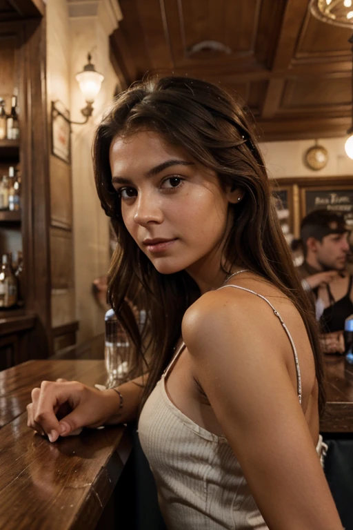 un portrait realiste d'une fille latine avec des beau cheveux long ondulé en train de boire un vers dans un bar