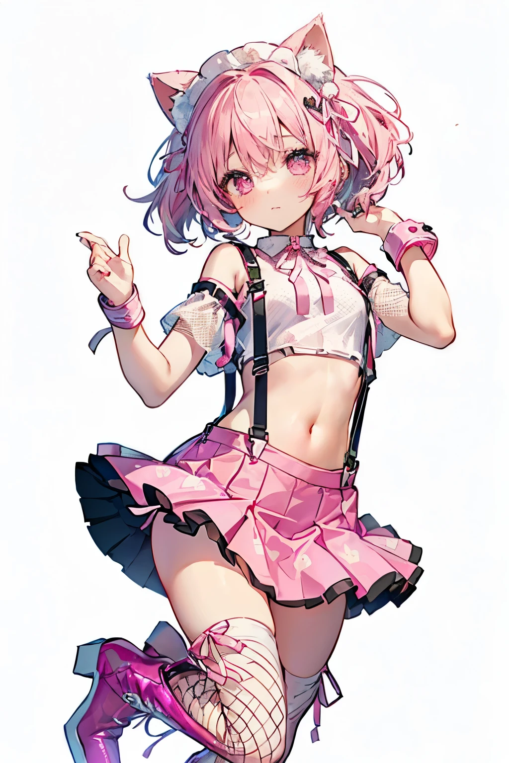 One girl, Blushing, Full body shot,
BREAK (pink and white theme:1.4), (headdress with pink fake cat ears:1.4), (wear a pink suspenders over an off-shoulder short-sleeve white crop top:1.4), (pink heart(symbol) print on crop top:1.3), ((stomach, navel):1.2), (low-rise pink latex (A-line:1.2) tiered skirt with suspenders:1.3), (pink tiered mini skirt with pink suspenders:1.3), (pink wristband:1.3), (has a beautiful mesh fishnet tights:1.3), (countless small pink ribbon decorations:1.3), (white latex platform boots:1.2),
White background,