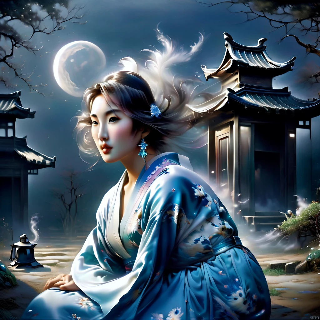 Ghost in the Moonlight，A young beautiful woman in a kimono、Airbrush Style, Beautiful details、The lower half of the body becomes smoky、Near the old well、A rundown house