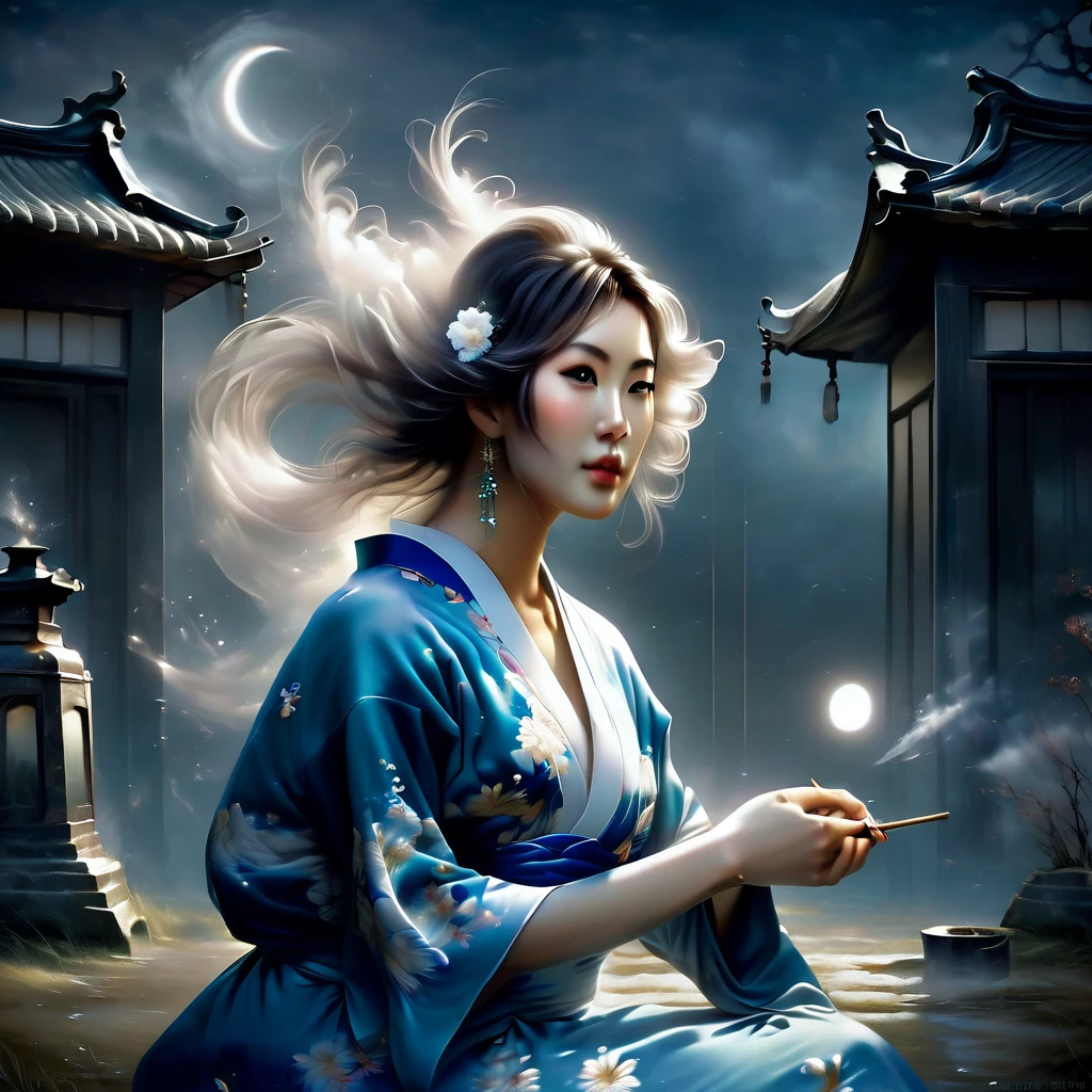 Ghost in the Moonlight，A young beautiful woman in a kimono、Airbrush Style, Beautiful details、The lower half of the body becomes smoky、Near the old well、A rundown house