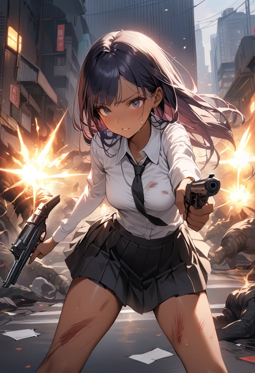 (Woman and monster fight scene),((masterpiece,Highest quality:1.3,best quality illustration)),realistic,cowboy shot,1woman,(22 year old beauty),((very small head:1.4)),ideal ratio body proportions,(dark blue hair),straight long hair,bangs,black eyes,gorgeous big eyes,((tan skin,skinny,Injury)),(Torn clothing、Black tie、White collared shirt、Long sleeve、Black pleated mini skirt)),medium breasts,gleaming skin,slender body,sweat,(Detailed handgun,Firing stance),on street,(Multiple Monsters)、Collapsed Buildings、Tokyo、