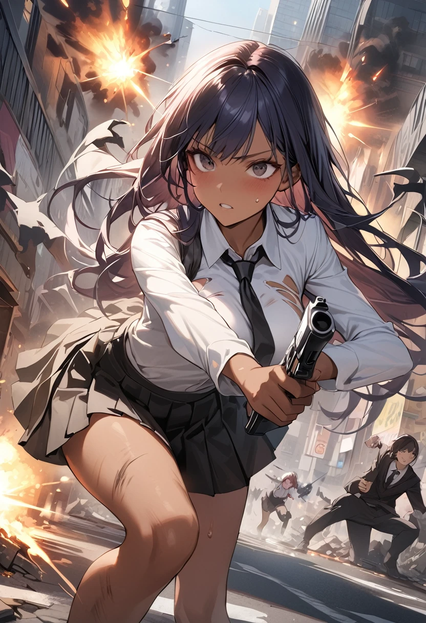 (Woman and monster fight scene),((masterpiece,Highest quality:1.3,best quality illustration)),realistic,cowboy shot,1woman,(22 year old beauty),((very small head:1.4)),ideal ratio body proportions,(dark blue hair),straight long hair,bangs,black eyes,gorgeous big eyes,((tan skin,skinny,Injury)),(Torn clothing、Black tie、White collared shirt、Long sleeve、Black pleated mini skirt)),medium breasts,gleaming skin,slender body,sweat,(Detailed handgun,Firing stance),on street,(Multiple Monsters)、Collapsed Buildings、Tokyo、