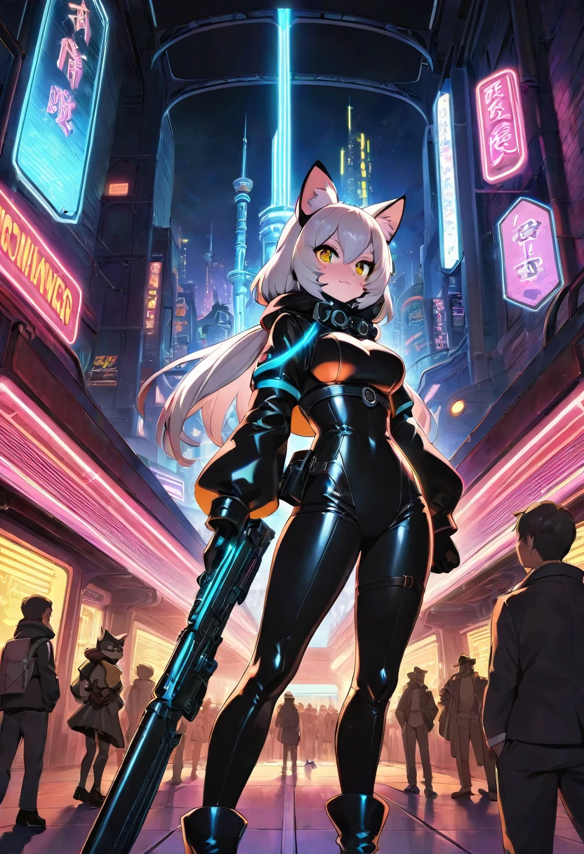 masterpiece, best quality, novel illustration, highres, steam-punk meets sci-fi, rubber suit, neon lights glowing, station platform crowded, (1boy, 1girl, hero, heroine, kemono, furry, anthro), shoots weapon, alluring neon-glow, steam-punk world, gothic atmosphere, sensuality of the scene, 1girl protagonist with gun, station scene, neon sign, glittering neon cityscape, crowd of people.