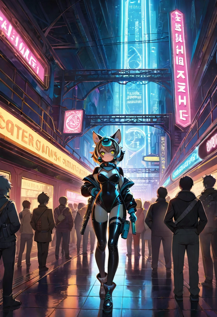 masterpiece, best quality, novel illustration, highres, steam-punk meets sci-fi, rubber suit, neon lights glowing, station platform crowded, (1boy, 1girl, hero, heroine, kemono, furry, anthro), shoots weapon, alluring neon-glow, steam-punk world, gothic atmosphere, sensuality of the scene, 1girl protagonist with gun, station scene, neon sign, glittering neon cityscape, crowd of people.