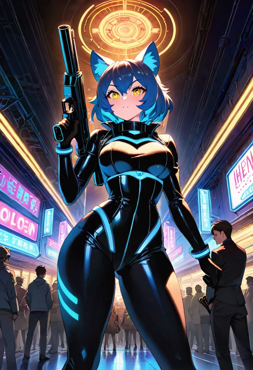 masterpiece, best quality, novel illustration, highres, steam-punk meets sci-fi, rubber suit, neon lights glowing, station platform crowded, (1boy, 1girl, hero, heroine, kemono, furry, anthro), shoots weapon, alluring neon-glow, steam-punk world, gothic atmosphere, sensuality of the scene, 1girl protagonist with gun, station scene, neon sign, glittering neon cityscape, crowd of people.