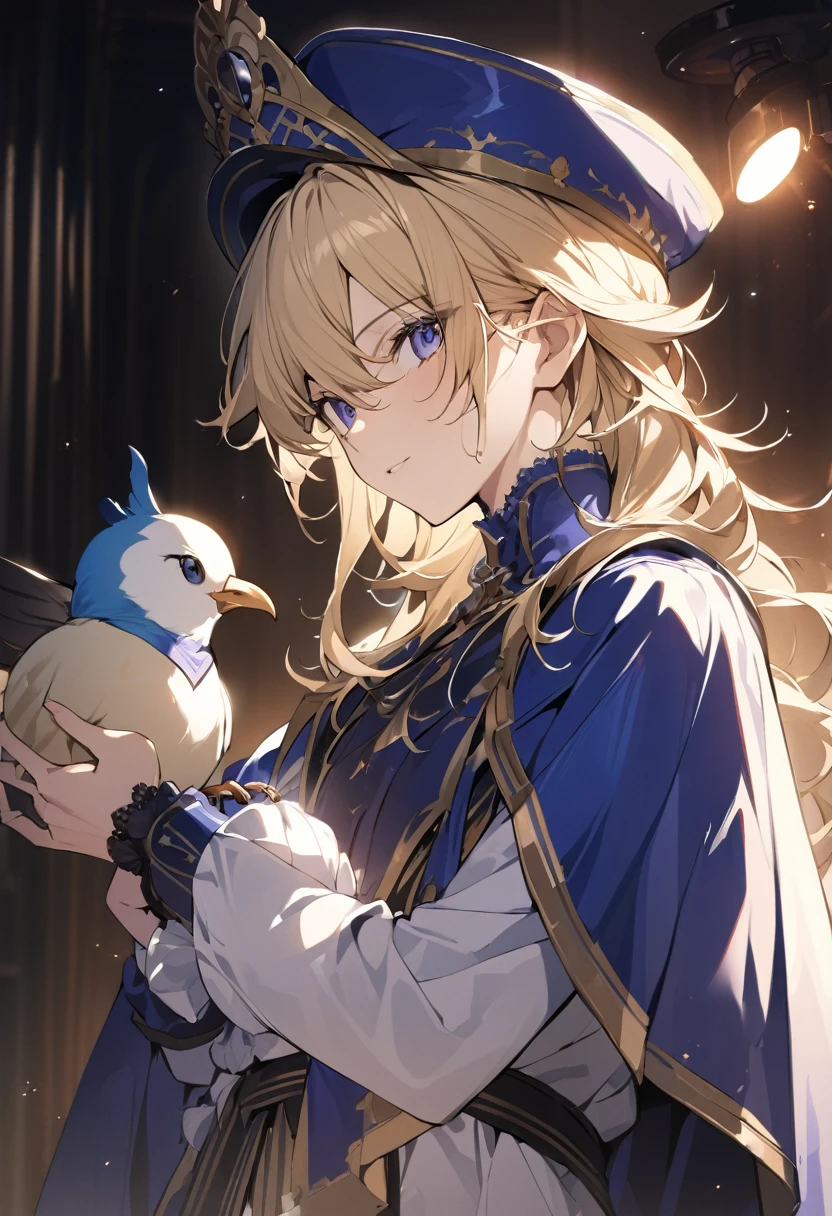 "{{masterpiece}}, Highest quality, Cinema Lighting, Captivating lens flare,Wearing a blue cape and hat、Anime character holding a bird, Portrait of the Blonde Prince, Inspired by Le Chevalier,Machiavelli&#39;s Puppet Master, okita sougo, 青い目をした背の高いアニメのmale,Handsome,male, [[[[smile wickedly]]]], Anime boy with orange hair, Fascinating colorful light particles, Attractive heterochromia, (Vivid and vibrant:1.5), (Vibrant and lively hair:1.5).", Cyan eyes, , (8k, Original photo, Highest quality, masterpiece: 1.2), (practical: 1.6), (masterpiece), (Highest quality: 1.0), (Ultra-high resolution: 1.0), detailed, only, detailed beautiful skin, detailed room, practical skin, High quality CG, fair,Orange Hair
