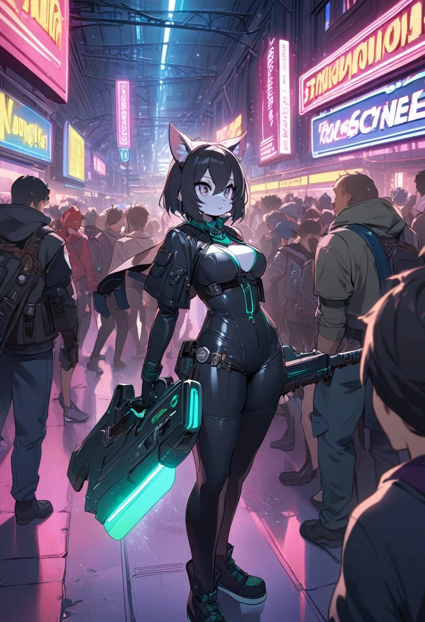 masterpiece, best quality, novel illustration, highres, steam-punk meets sci-fi, rubber suit, neon lights glowing, station platform crowded, (1boy, 1girl, hero, heroine, kemono, furry, anthro), shoots weapon, alluring neon-glow, steam-punk world, gothic atmosphere, sensuality of the scene, 1girl protagonist with gun, station scene, neon sign, glittering neon cityscape, crowd of people.