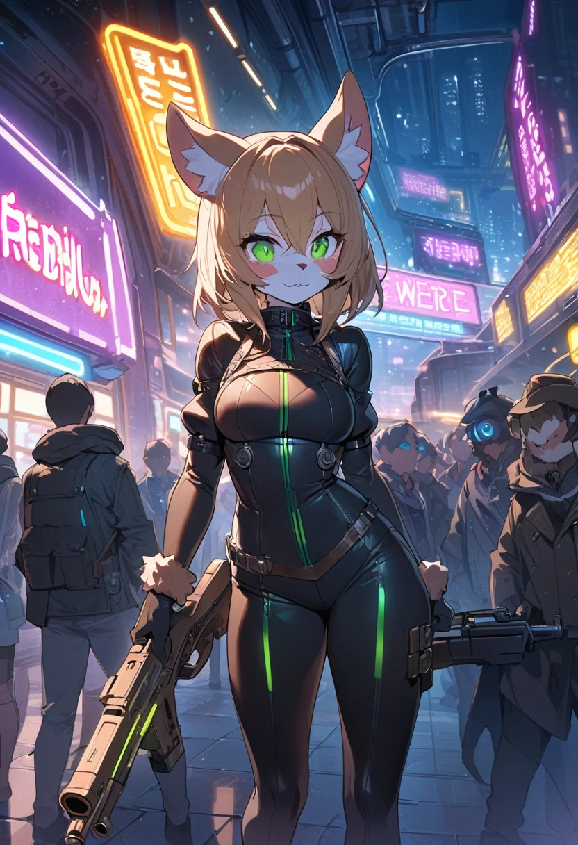 masterpiece, best quality, novel illustration, highres, steam-punk meets sci-fi, rubber suit, neon lights glowing, station platform crowded, (1boy, 1girl, hero, heroine, kemono, furry, anthro), shoots weapon, alluring neon-glow, steam-punk world, gothic atmosphere, sensuality of the scene, 1girl protagonist with gun, station scene, neon sign, glittering neon cityscape, crowd of people.