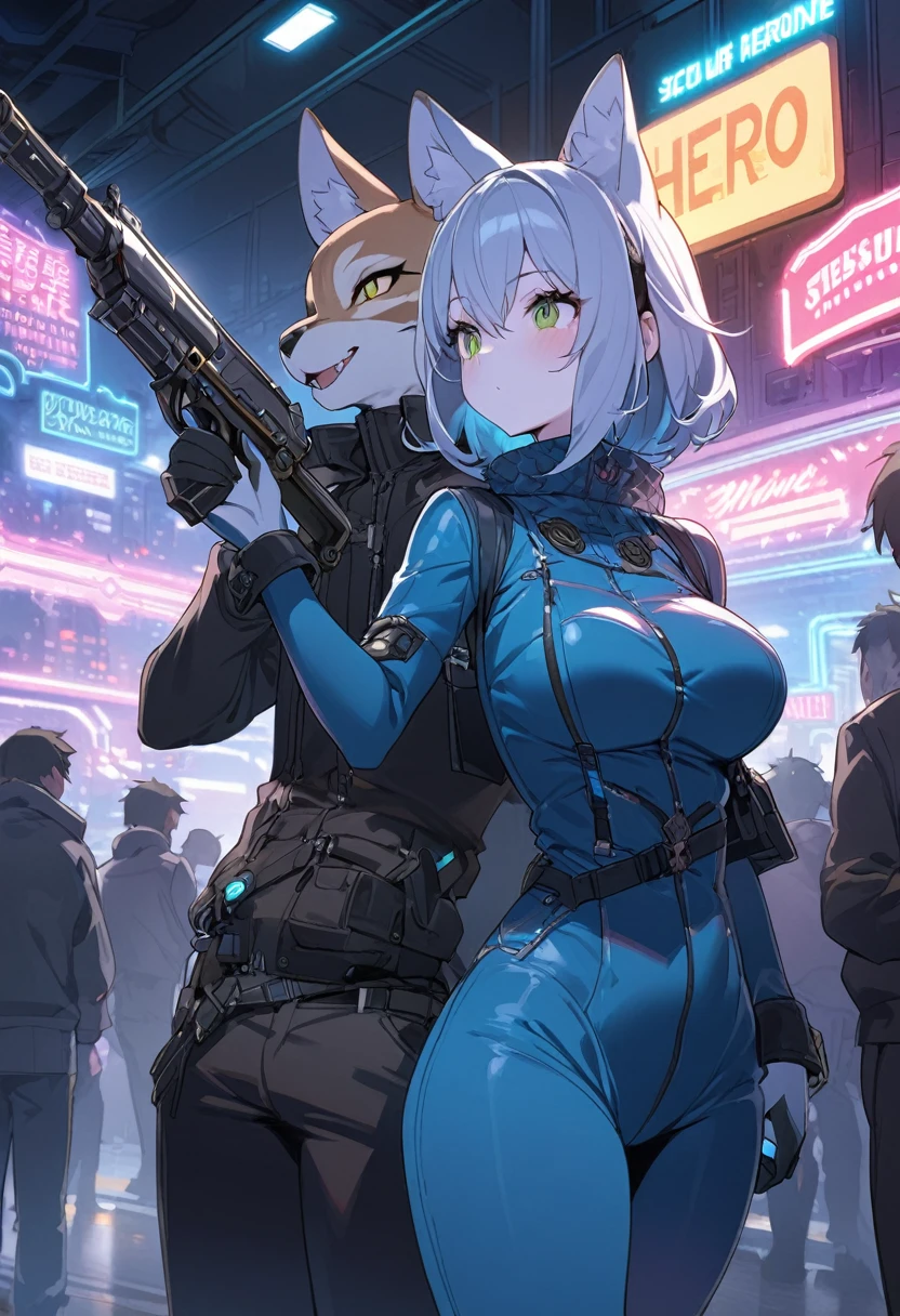 masterpiece, best quality, novel illustration, highres, steam-punk meets sci-fi, rubber suit, neon lights glowing, station platform crowded, (1boy, 1girl, hero, heroine, kemono, furry, anthro), shoots weapon, alluring neon-glow, steam-punk world, gothic atmosphere, sensuality of the scene, 1girl protagonist with gun, station scene, neon sign, glittering neon cityscape, crowd of people.