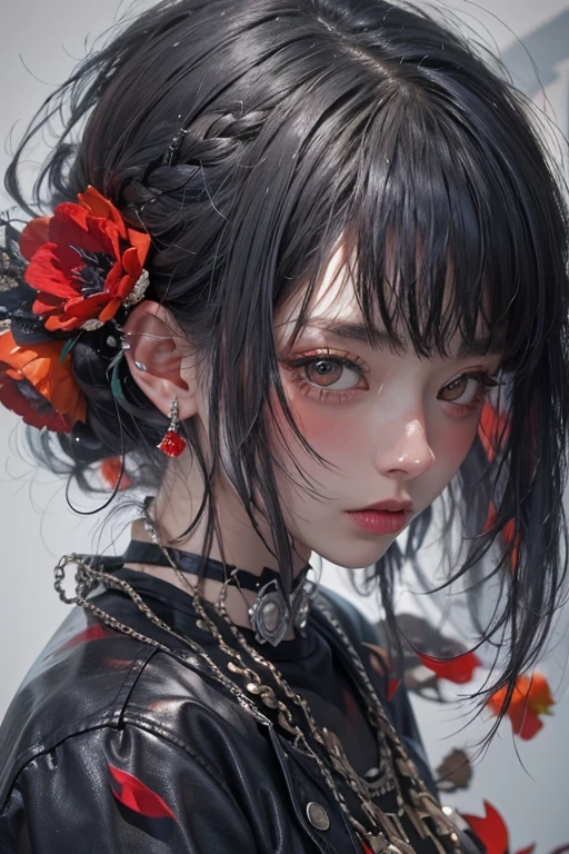 Highest quality、、masterpiece:1.3、Gothic Punk、Red inside、Gray Black Hair、hair ornaments、beautiful girl、creative、Punk Shirt、Neogoth、Goth Fashion:1.2、High resolution、masterpiece、Highest quality、頭w:1.3、((Hasselblad Photos))、Fine skin、Sharp focus、(Cinema Lighting)、Explore Tokyo'The city at night beyond the neon lights, Forehead open, 17 years old、Petting'Hair back、Shoulder Bare、Small red rose tattoo on the décolletage、Just one tattoo