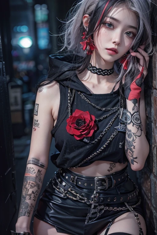 Highest quality、、masterpiece：1.3、Gothic Punk、Red inside、Gray Black Hair、hair ornaments、beautiful girl、creative、Punk Shirt、Neogoth、Goth Fashion：1.2、High resolution、masterpiece、Highest quality、頭w:1.3、((Hasselblad Photos))、Fine skin、Sharp focus、(Cinema Lighting)、Explore Tokyo&#39;The city at night beyond the neon lights, Forehead open, 17 years old、Petting&#39;Hair back、Shoulder Bare、Small red rose tattoo on the décolletage、Just one tattoo