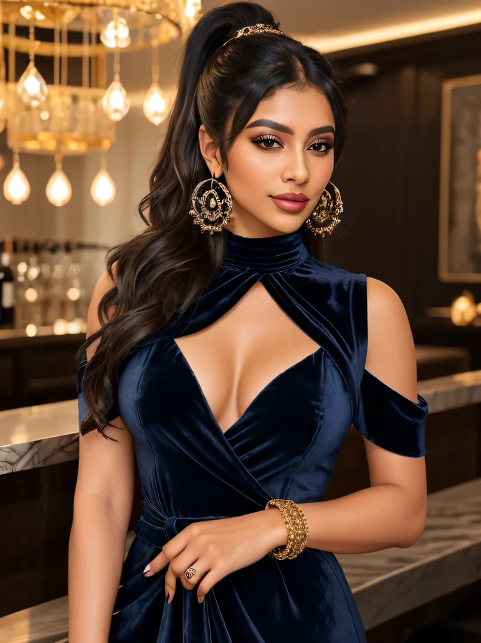 Create an ultra-realistic image of a modern, attractive female influencer of Indian descent, aged between 27 to 30. She should have a warm and inviting smile, expressive almond-shaped eyes with a slight shimmer, and clear, glowing skin with a medium brown complexion. Her features should be well-defined, with high cheekbones and a sharp jawline. Her hair should be styled in a high ponytail with loose curls cascading down. She should have a slender yet athletic build, reflecting a healthy and active lifestyle, with a noticeably larger bust size. She is wearing a sophisticated navy blue velvet wrap dress with a deep V-neck and a tie waist, featuring extensive heavy embellishments. The dress is adorned with intricate beadwork and sequins along the neckline, waist, and cuffs, creating a luxurious and eye-catching appearance. The rich velvet fabric is further enhanced by the dense and sparkling embellishments, adding to its elegant and opulent style. Her outfit is completed with stylish black heeled sandals that add elegance to her look. She accessorizes with subtle yet chic jewelry, such as small hoop earrings and a few thin bangles. The background should be an upscale cocktail bar with stylish decor and ambient lighting, suggesting a cosmopolitan lifestyle. Her overall appearance should exude confidence, approachability, and sophistication, capturing the essence of a contemporary Indian fashion influencer.
