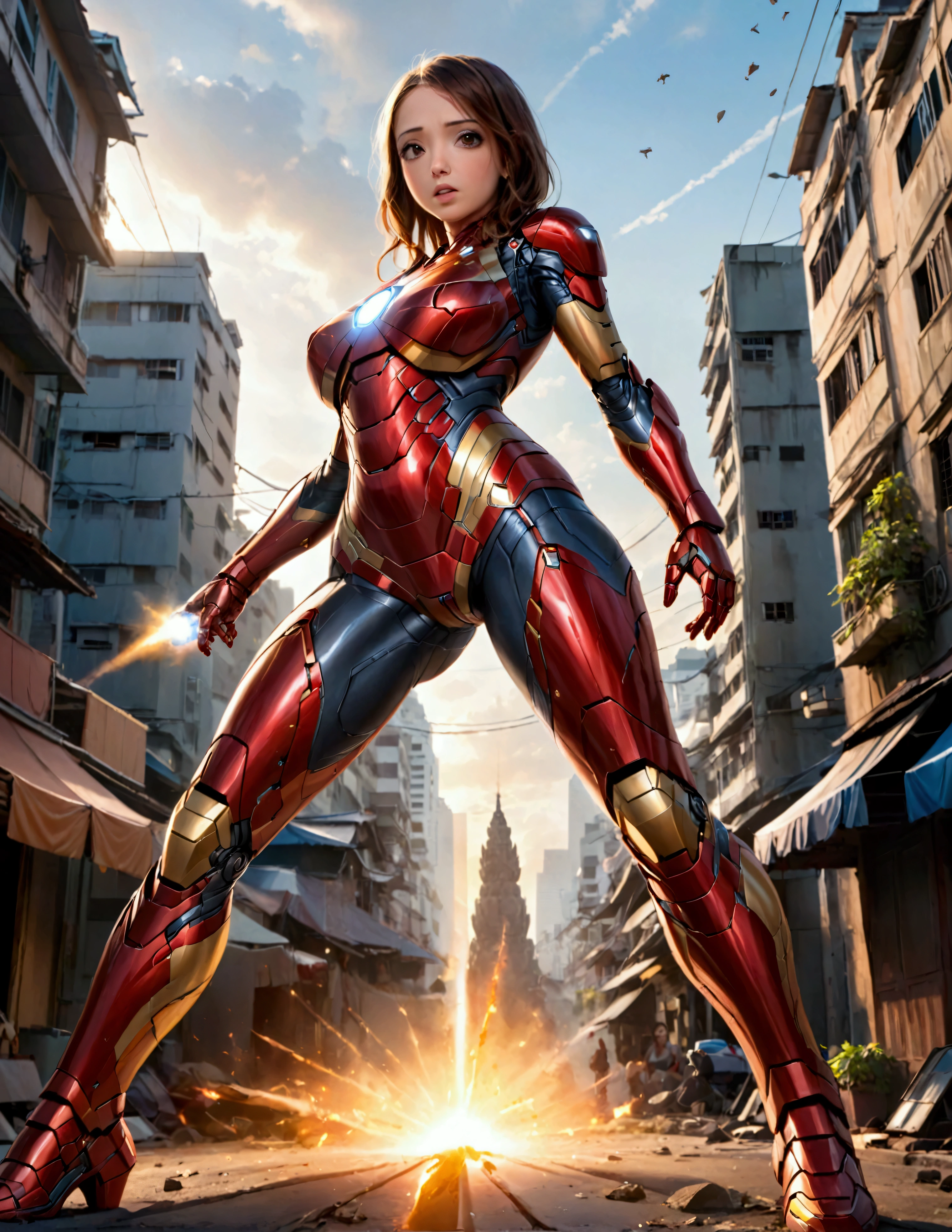 a cute woman, 25 years old, wearing a sexy iron man suit, heroic pose, saving bangkok city, daytime, epic battle, good vs evil, highly detailed, 8k, photorealistic, intricate details, dramatic lighting, cinematic, concept art style