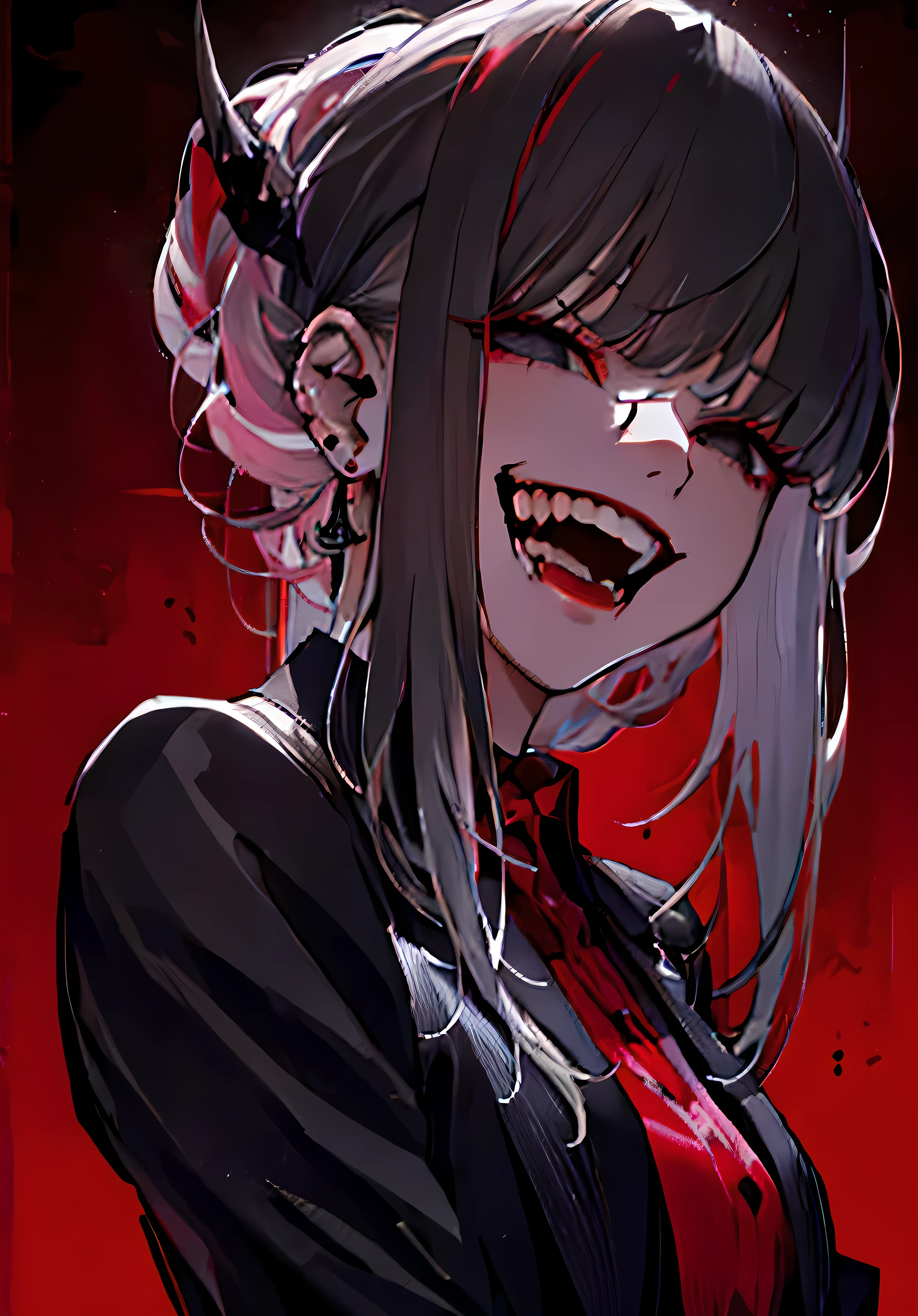 beautiful woman in business suit, long black hair, black eyes, looking at viewer, red background with details supernatural, macabre, supernatural creatures, intricate details, hyperrealistic, 8k, octane render, chiaroscuro lighting, cinematic composition, dramatic atmosphere, digital art