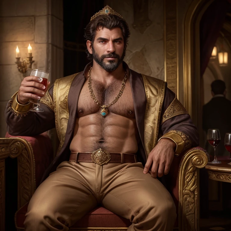 Masterpiece, high resolution, HDR, detailed composition, unique, hot handsome charming daddy in a pub invites you for a drink, 1500s, elegant clothing, medieval fashion, wearing elaborate jewelry, fine jewelry, golden, gold, diamond, shiny, royalty, wearing the king's crown, he is the heir to the throne, divine, opulence, grandeur, wealthy, rich taste, affluence, wisdom, sophisticated man, dashing man, scruff and hairy, mature, masculine, macho, beautiful eyes, symmetrical eyes, staring directly at camera, 1500s, offering a drink at you, charming smile, full body, full figure