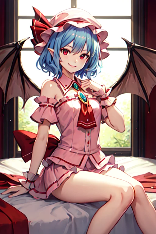 Anime Femboy, Fine skin, cute, (masterpiece, highest quality, 8K ultra-high resolution:1.4), beautiful detailed eyes, ultra-detailed, drsizukachan1, 
Standing, front view,
remilia_scarlet_touhou, red_eyes, mob_cap, short_hair, bat_wings, wings, hat, blue_hair,  hair_between_eyes, bangs, smile, red_ribbon,
(((Completely naked))), pussy line,
((Femboy)), no ko , a feminine boy, not constriction, Dim body
red moon night background,