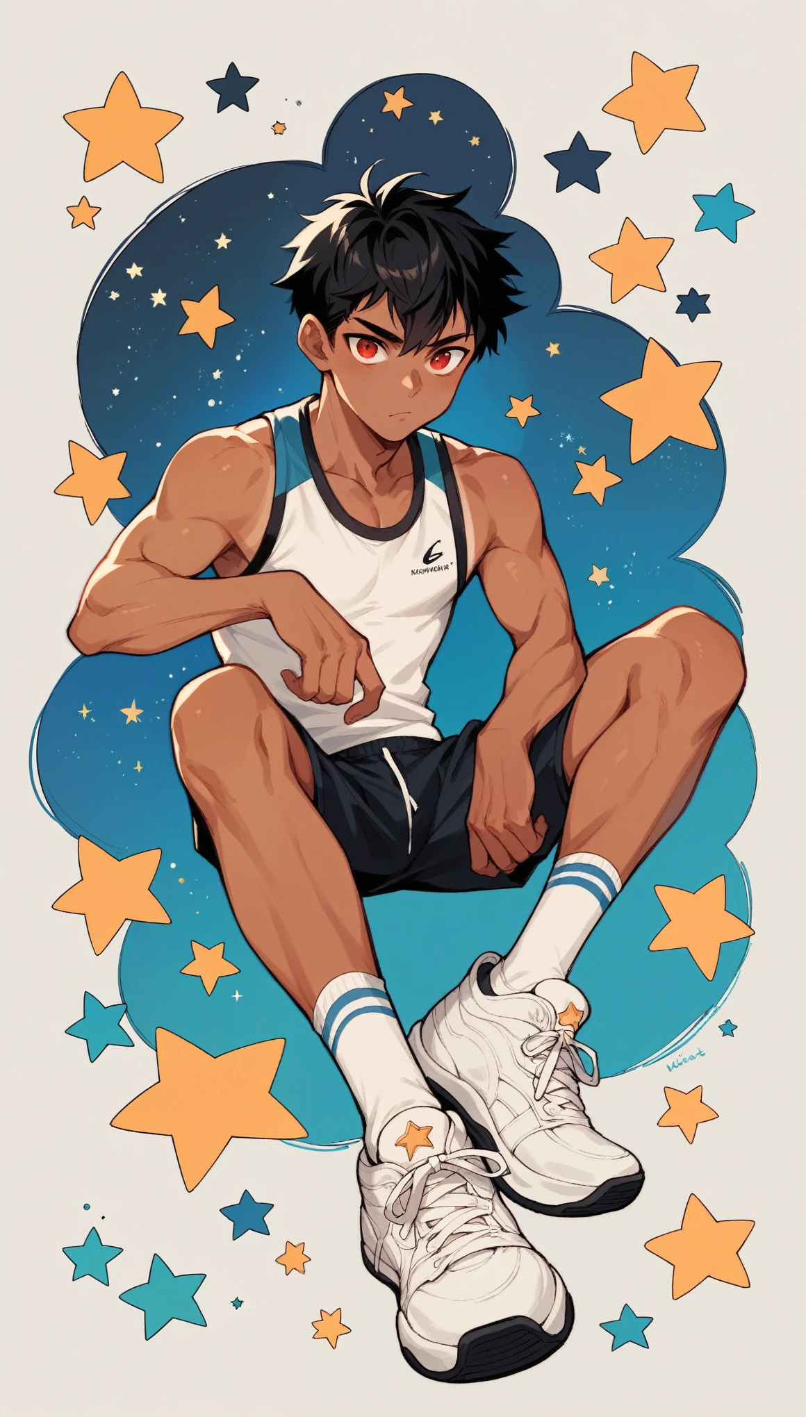 Handsome boy,Black Hair,Sunburned skin,Black rabbit ears,Sportswear,Slim body,Sitting on a meteorite,He has a pair of warm red eyes,Stars background,White socks,White sneakers