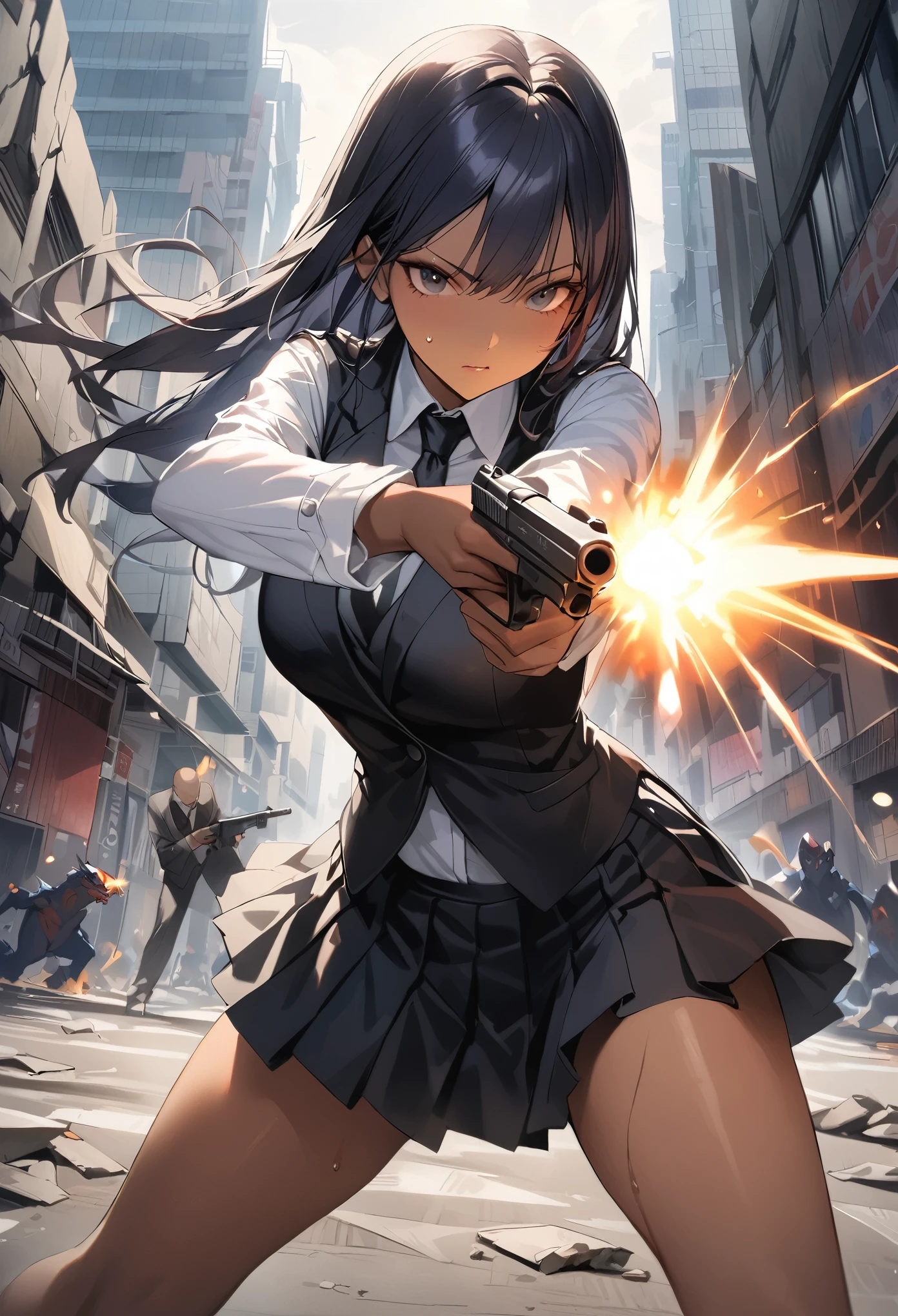 (Woman and monster fight scene),((masterpiece,Highest quality:1.3,best quality illustration)),realistic,cowboy shot,1woman,(22 year old beauty),((very small head:1.4)),ideal ratio body proportions,(dark blue hair),straight long hair,bangs,black eyes,gorgeous big eyes,((tan skin,skinny)),(Black vest、Black tie、White collared shirt、Long sleeve、Black pleated mini skirt)),medium breasts,gleaming skin,slender body,sweat,(Detailed handgun,Firing stance),on street,(Multiple Monsters)、Collapsed Buildings、Tokyo、