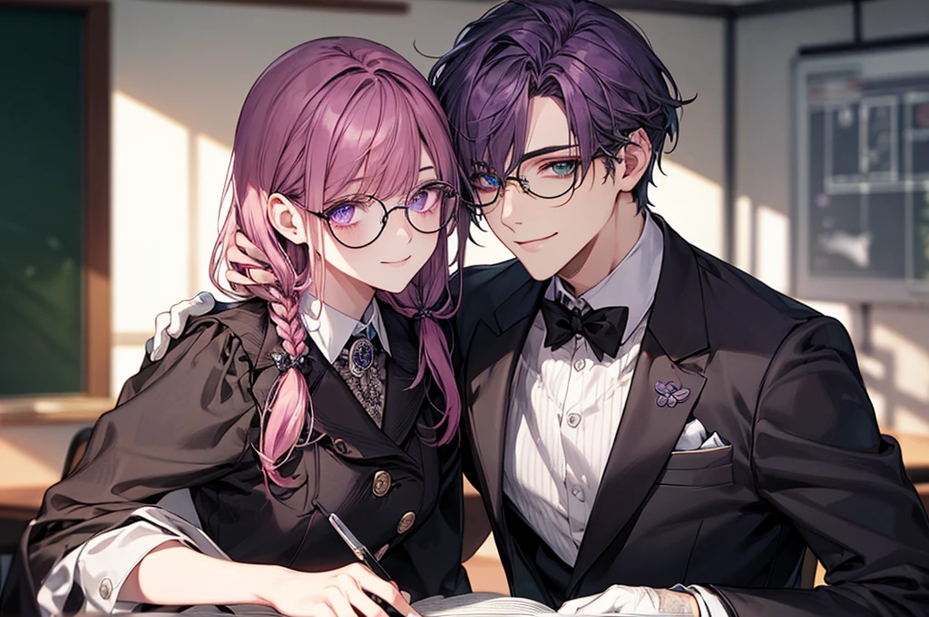men's,single braid hair,violet colored hair,(Eye 1:2,Clear eyes,Elaborate Eyes,Delicate pupils,Good eyes,eye detailed),Face Focus,Adult,In black suit,best qualtiy,facial detailing,Classroom,sit on desk,sitting in the couch,lazy,Detailed background,diffuse sunlight,depth of fields,Studying Smiling at your desk, violet eyes,black gloves, round glasses, long sleeves,violet hair, smile,