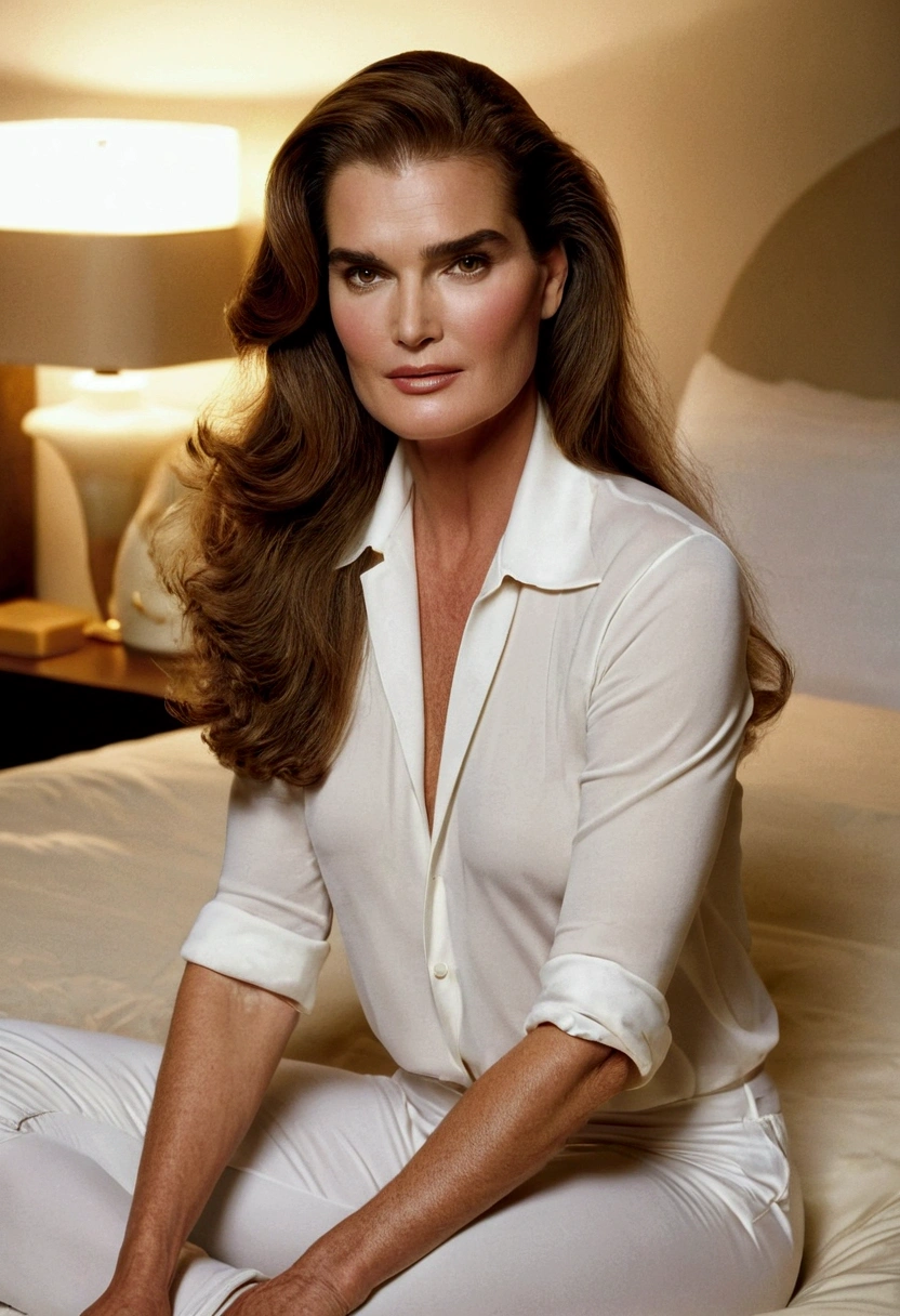 Brooke Shields ((beautiful face)) ((sitting on bed))