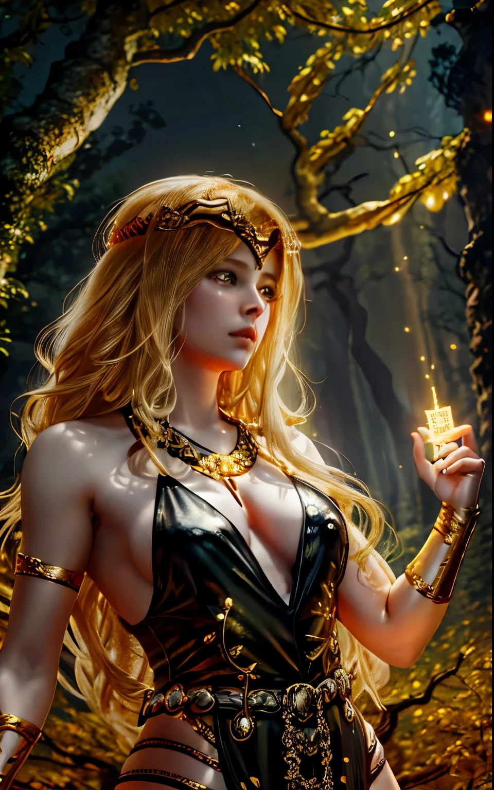 elden ring, queen marika holding beam of gold rune, golden hair, golden tree behind, falling tree golden leaves, dark background
