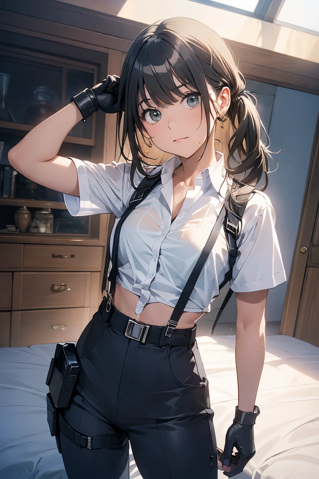 1 female, , high quality, masterpiece, Ultra-high resolution, , Cinema Lighting, , , And the suspenders with the cranes flying Large Breasts Small face holster Lying in bed Looking up Sweat belt summer 脇Sweat Black Hole Gloves suit shirt Black jacket Black trousers Leg Links ズボンにbelt holster Hands behind your back Anxious expression Looking up Anxious face, legs apart Armament Handgun handcuffs Cable ties レッグholster holster See-through clothing