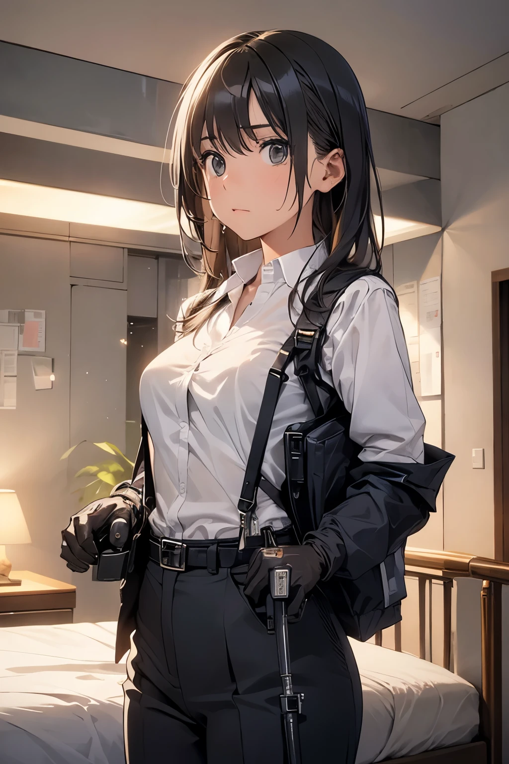 1 female, , high quality, masterpiece, Ultra-high resolution, , Cinema Lighting, , , And the suspenders with the cranes flying　　　Large Breasts　 　 　　　　Small face　 　　　holster　　　　　　　 Lying in bed　Looking up　　　　Sweat 　　　belt　summer　脇Sweat 　Black Hole Gloves　suit　shirt　　Black jacket　 Black trousers　Leg Links　ズボンにbelt　　holster　 　　Hands behind your back　 Anxious expression　Looking up　Anxious face, legs apart　Armament　Handgun　handcuffs　Cable ties　レッグholster　holster　See-through clothing