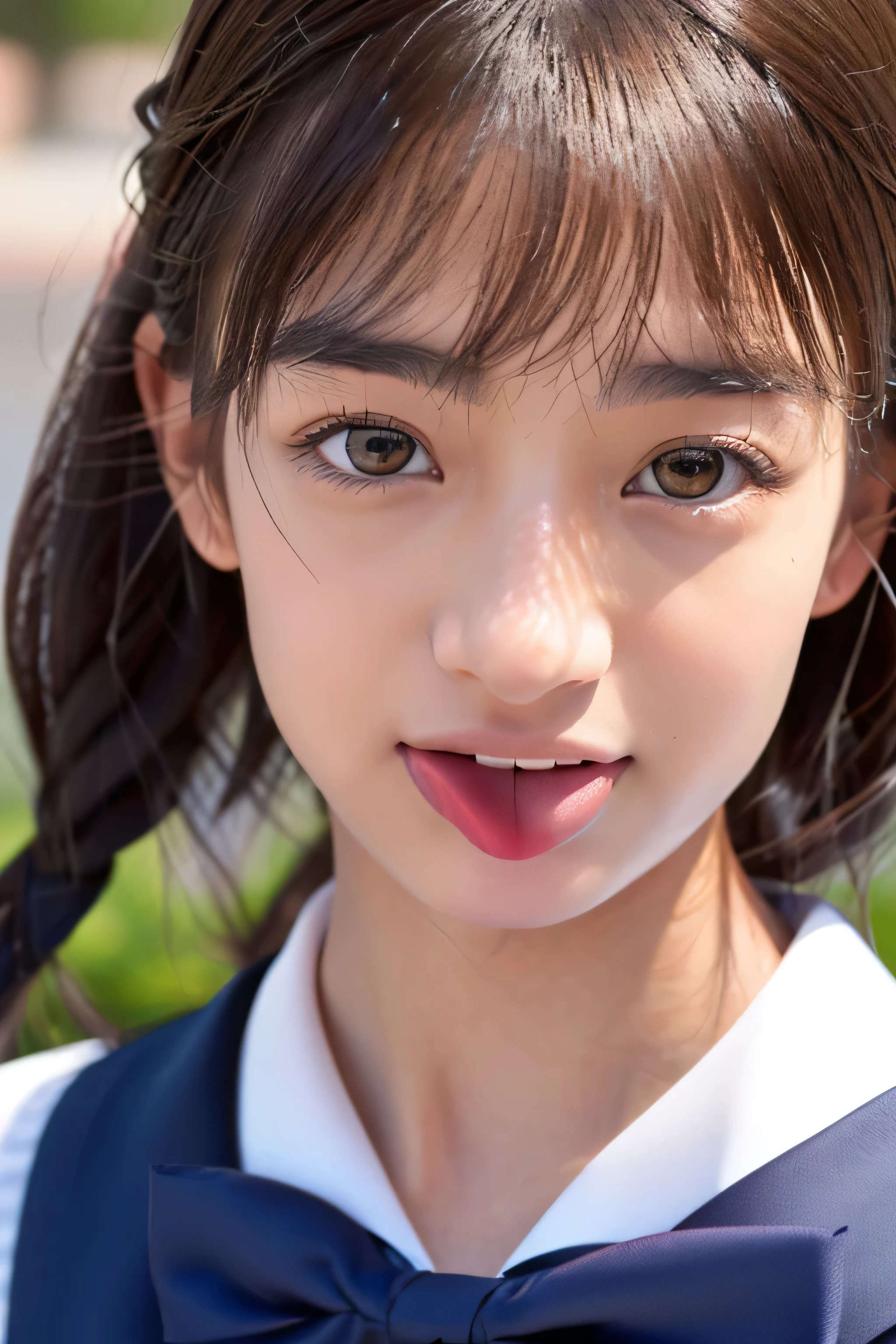 (Highest Resolution, clear_Image 1.2) 、(Beautiful girl with golden ratio face)、(-yeld gi、(Very lively eyes、wolf eyes 1.2)、wonderful, Tabletop, Attention to detail, Lip gloss、(((Twin-tailed rabbit style)))、Very beautiful girl、 alone, Beautiful girl like a model、(Long sleeve sailor suit、Very fine pleated scarf, Beautiful and exquisite, Attention to detail nose,((((Licking tongue)))、Top quality photo masterpiece、Incredible photo realism、Surrealist female portraits by David Hockney and Alphonse Mucha,(((Looking into the camera)))、((((Serious Eyes)))、(((Add highlights to the eyes)))、(((Looking into the camera)))、幸せそうにsmile,Perfect Makeup,smile,(14-year-o gi(Veryvely eyes、wolf eyes 1.2)、