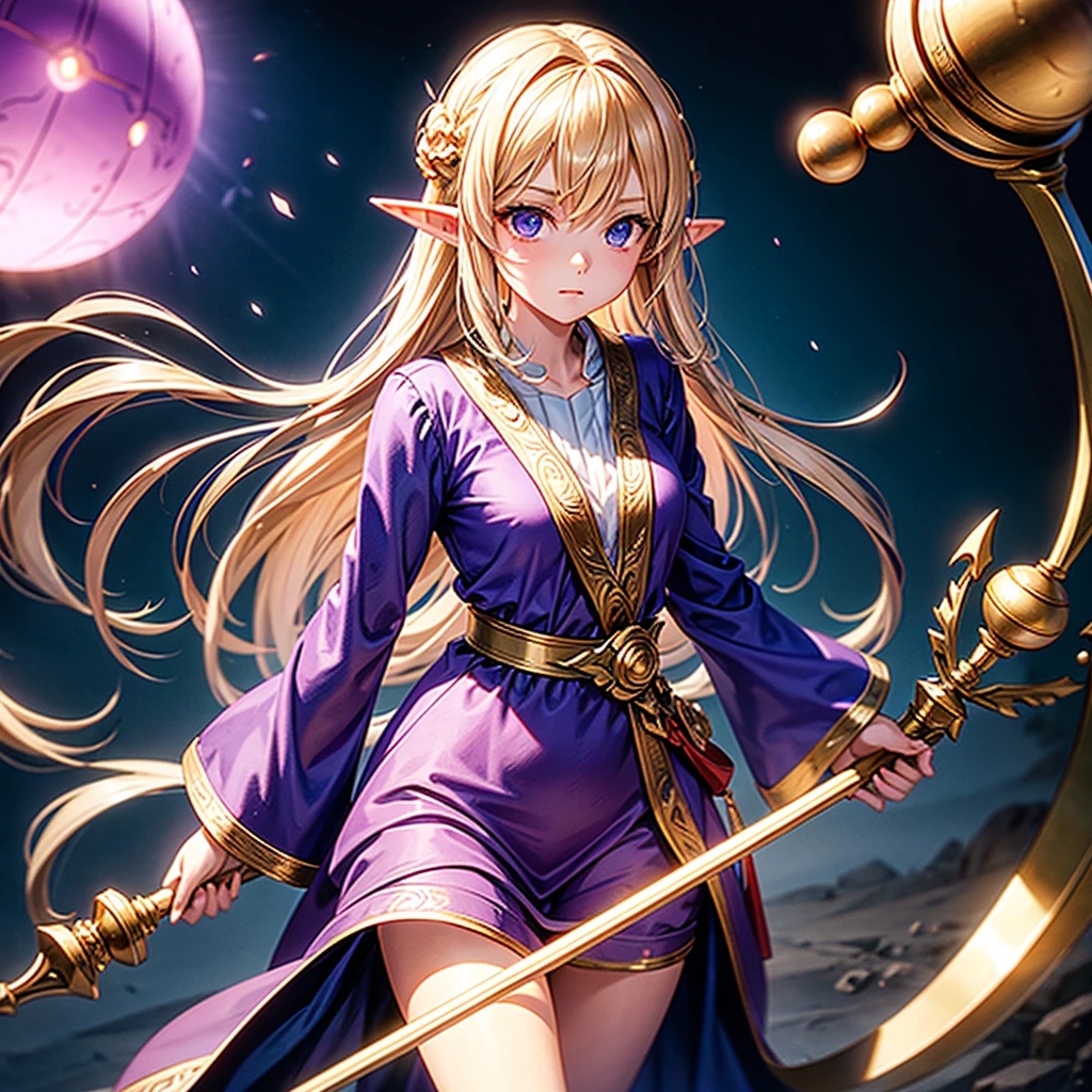 elf Girl holding a staff and standing as support Camera angle looking high The staff is a wooden staff with a purple orb as its core. Wear pajamas Blond hair, expressionless face