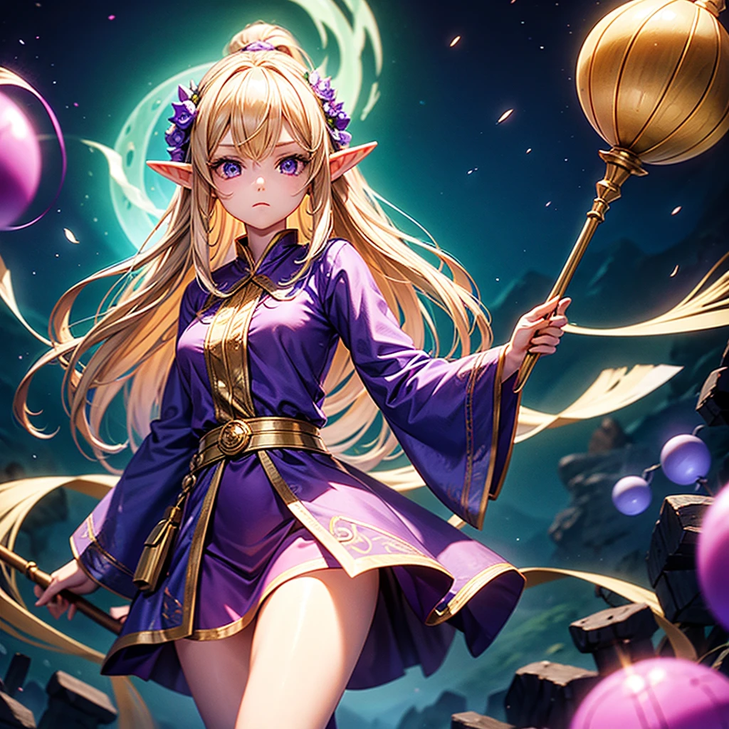 elf Girl holding a staff and standing as support Camera angle looking high The staff is a wooden staff with a purple orb as its core. Wear pajamas Blond hair, expressionless face