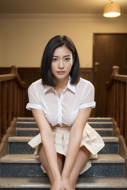 masterpiece, Highest quality, 8k, RAW Photos,
A beautiful Japanese woman, , Cute Face, (Even length haircut:1.2), (One Length), Beautiful shiny black hair, Straight hair, Clear white skin, Pale skin, Realistic Skin, Calm expression, Japanese High , (Long pleated check skirt), ((Showing nipples under a white shirt)), Very good, In the classroom, ((The whole body to the toes)), She is barefoot, Beautiful long legs, Sitting on the stairs, Angle from below, Beautiful plump thighs, White panties are visible, Nipples visible through clothing,
The room is dimly lit, evening, evening, Magic Hour,