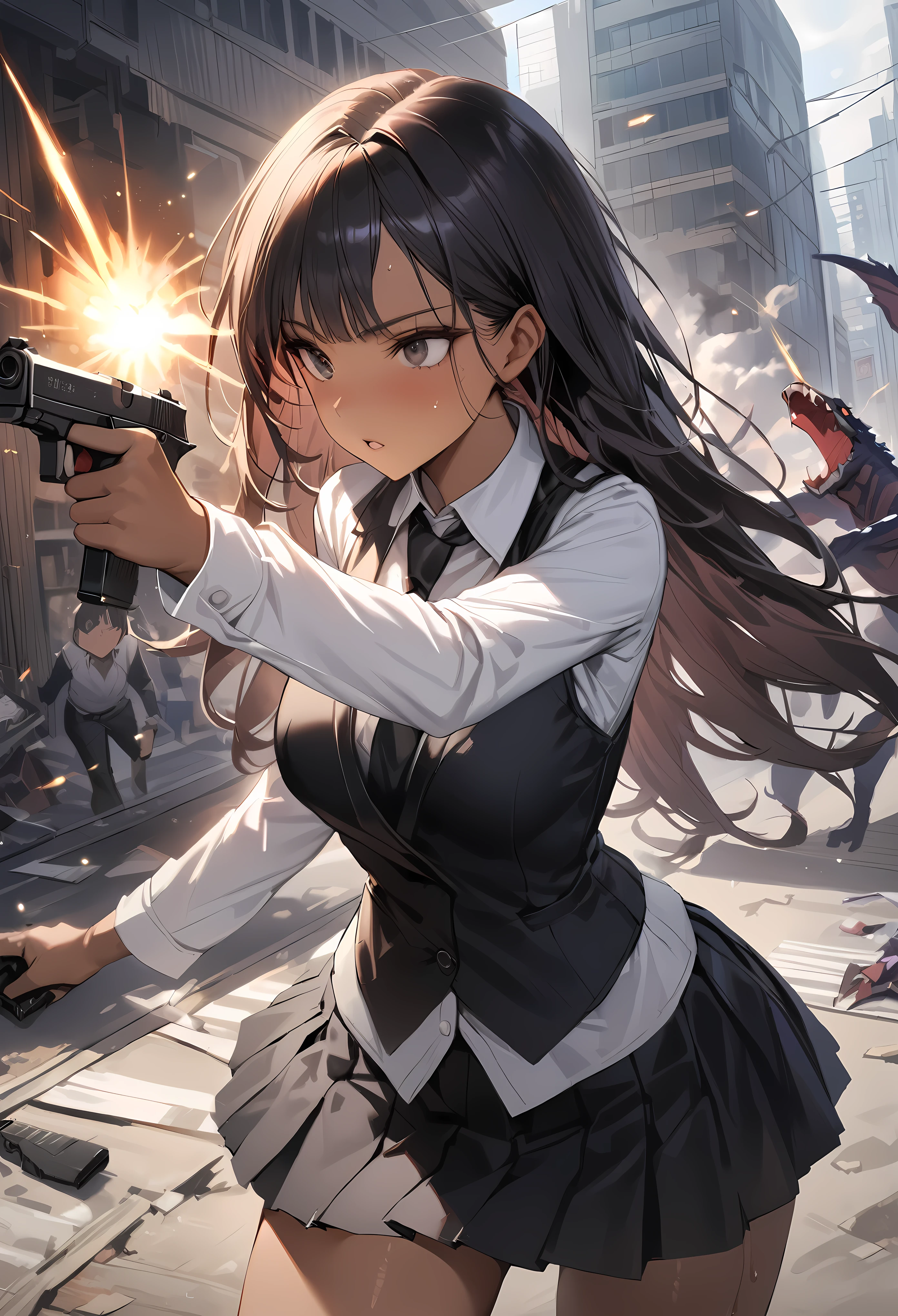 (Woman and monster fight scene),((masterpiece,Highest quality:1.3,best quality illustration)),realistic,cowboy shot,1woman,(22 year old beauty),((very small head:1.4)),ideal ratio body proportions,(dark blue hair),straight long hair,bangs,black eyes,gorgeous big eyes,((tan skin,skinny)),(Black vest、Black tie、White collared shirt、Long sleeve、Black pleated mini skirt)),medium breasts,gleaming skin,slender body,sweat,(Detailed handgun,Firing stance),on street,(Multiple Monsters)、Collapsed Buildings、Tokyo、