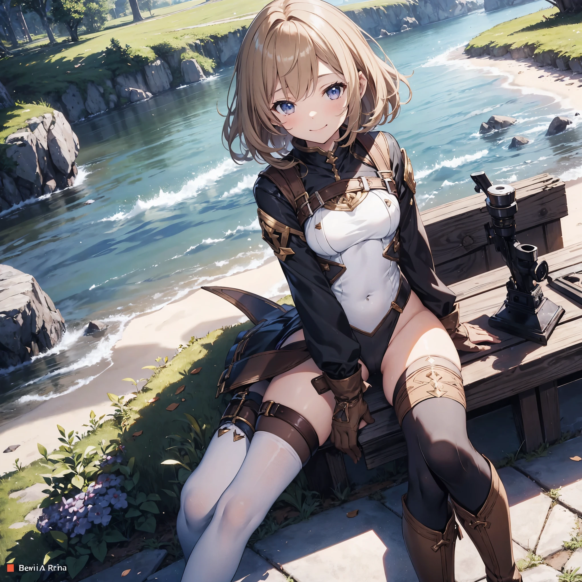 Practical pirate clothing, Long-sleeved pirate top, Skirt, boots, absurdres, RAW photo, extremely delicate and beautiful, masterpiece, Best Quality, ultra high resolution, 32k, hyperrealistic, ultra-detailed, detailed description, pale skin, 20 years old, tearful mole, earring, Colossal tits, short medium hair, wavy hair,