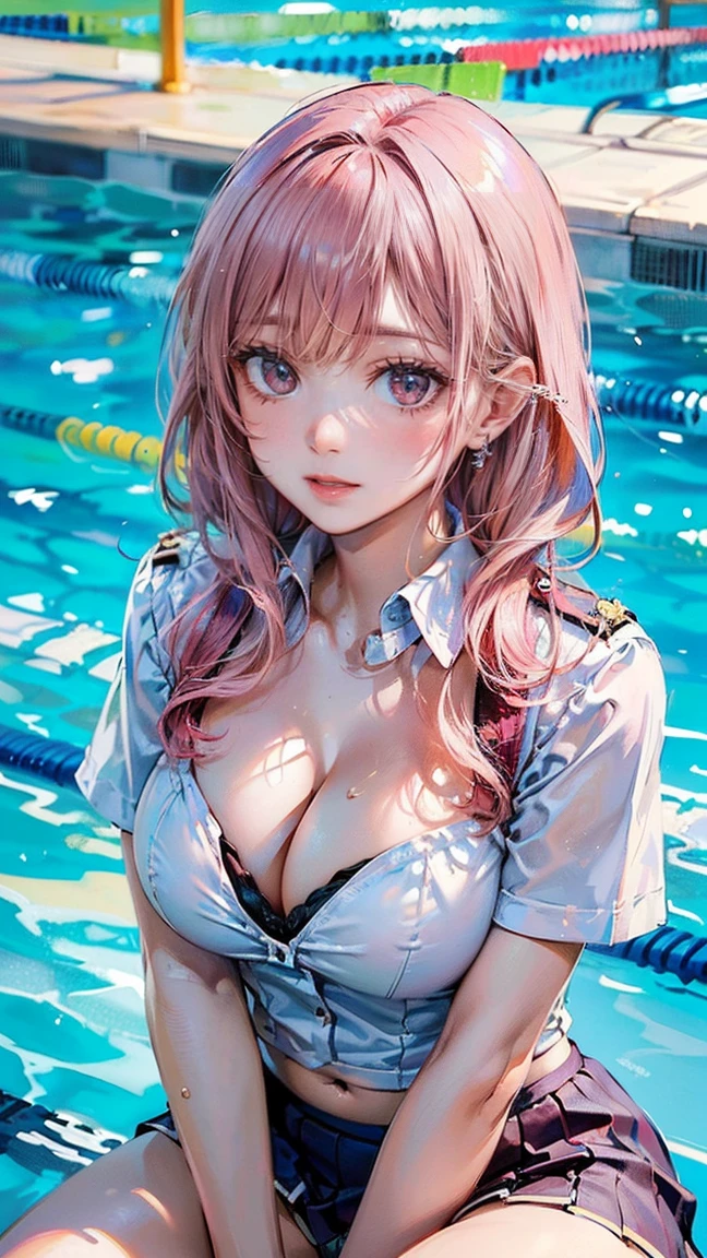 ((Highest quality, 8k, masterpiece :1.3)), (Sharp focus :1.2, Beautiful woman with perfect figure :1.4, Slim Abs), ((Big Breasts, Emphasize cleavage:1.2)), (Photorealistic:1.4), (realistic:1.4), (Pink Hair:1.5), Highly detailed face and skin texture, Fine grain, double eyelid. Makeup face, A little bit of lipstick, sex appeal, Sexy gravure pose, ((A high school girl in uniform、Talking with friends by the school pool。She was sitting on the edge of the pool、I'm smiling happily。Simple earrings are the accessory。:1.3))