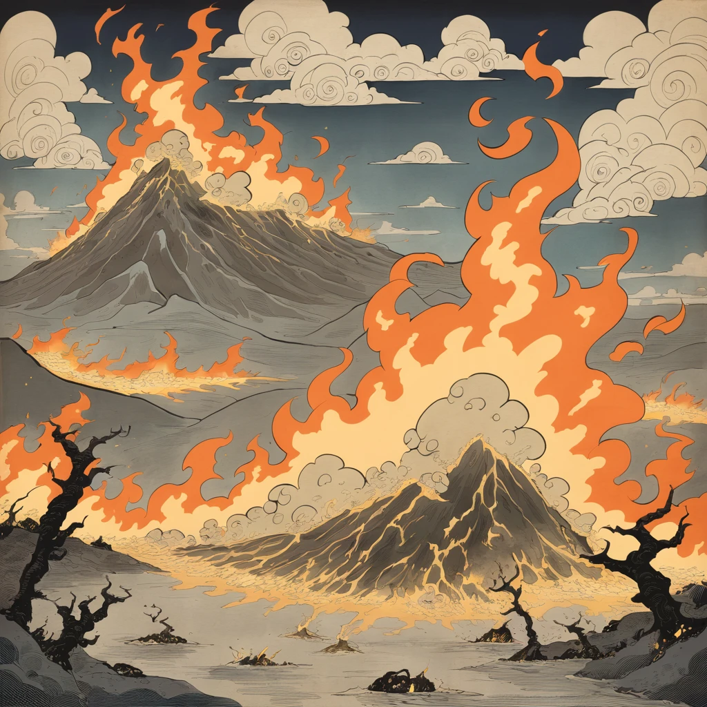 wasteland of nothing but ash and fire, the air filled with the stench of sulfur, and the only company the screams of tormented souls in ukiyo-e art style