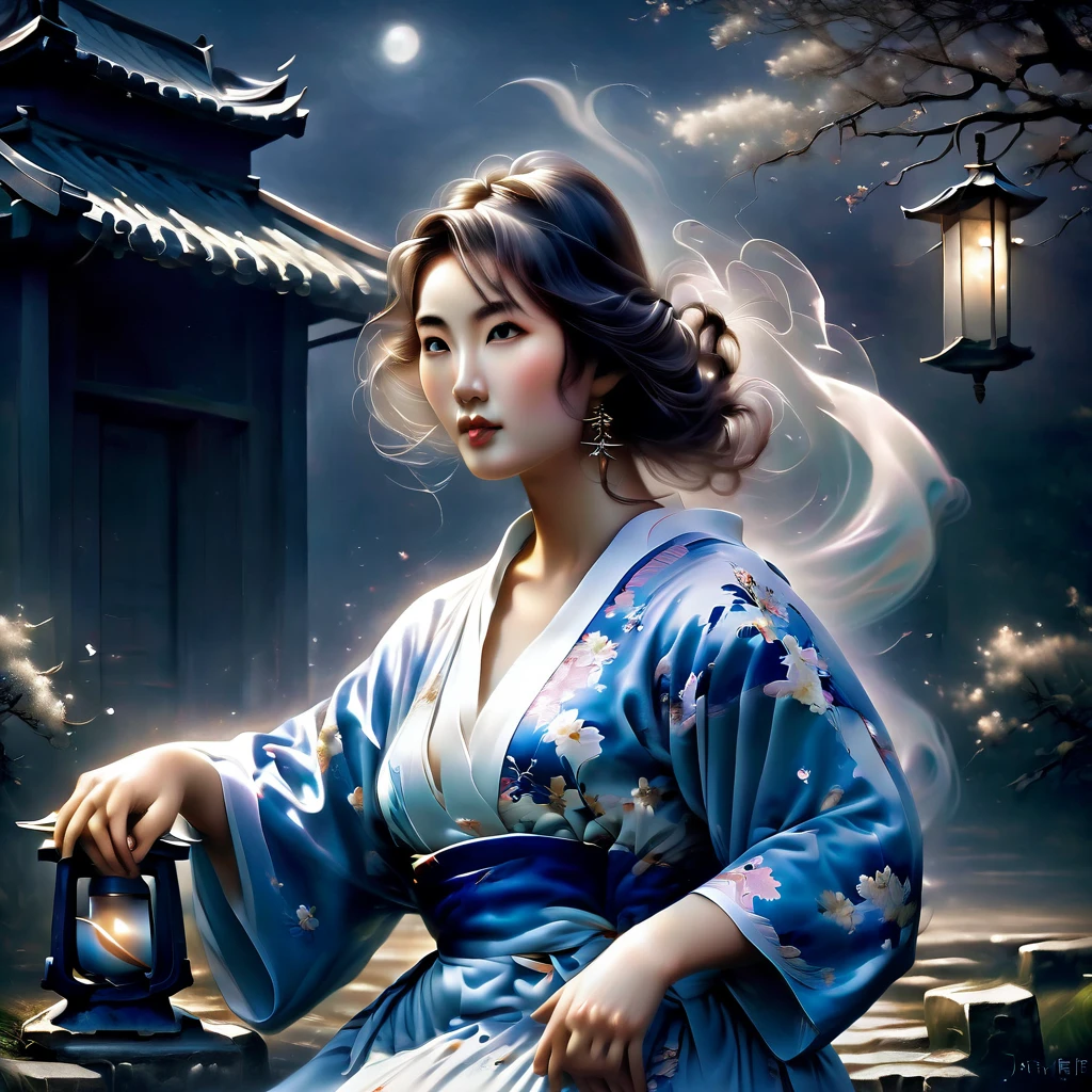 Ghost in the Moonlight，A young beautiful woman in a kimono、Airbrush Style, Beautiful details、The lower half of the body becomes smoky、A maiden standing near an old well、A rundown house