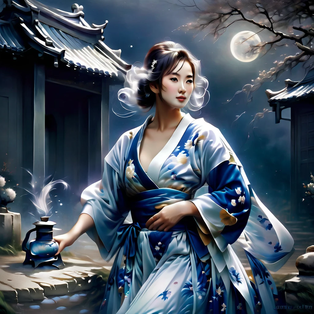 Ghost in the Moonlight，A young beautiful woman in a kimono、Airbrush Style, Beautiful details、The lower half of the body becomes smoky、A maiden standing near an old well、A rundown house